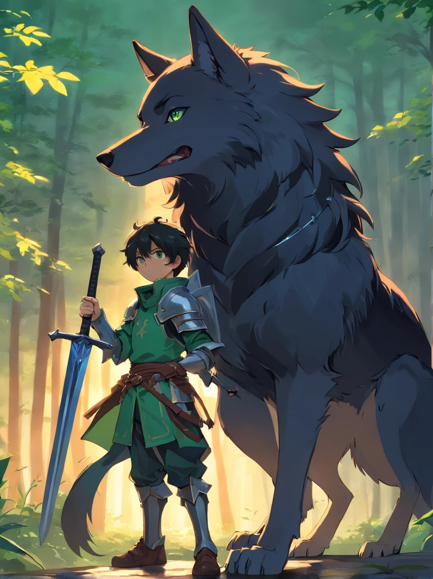A black anime style wolf and a boy with dark green short hair,Holding a medieval sword in armor
