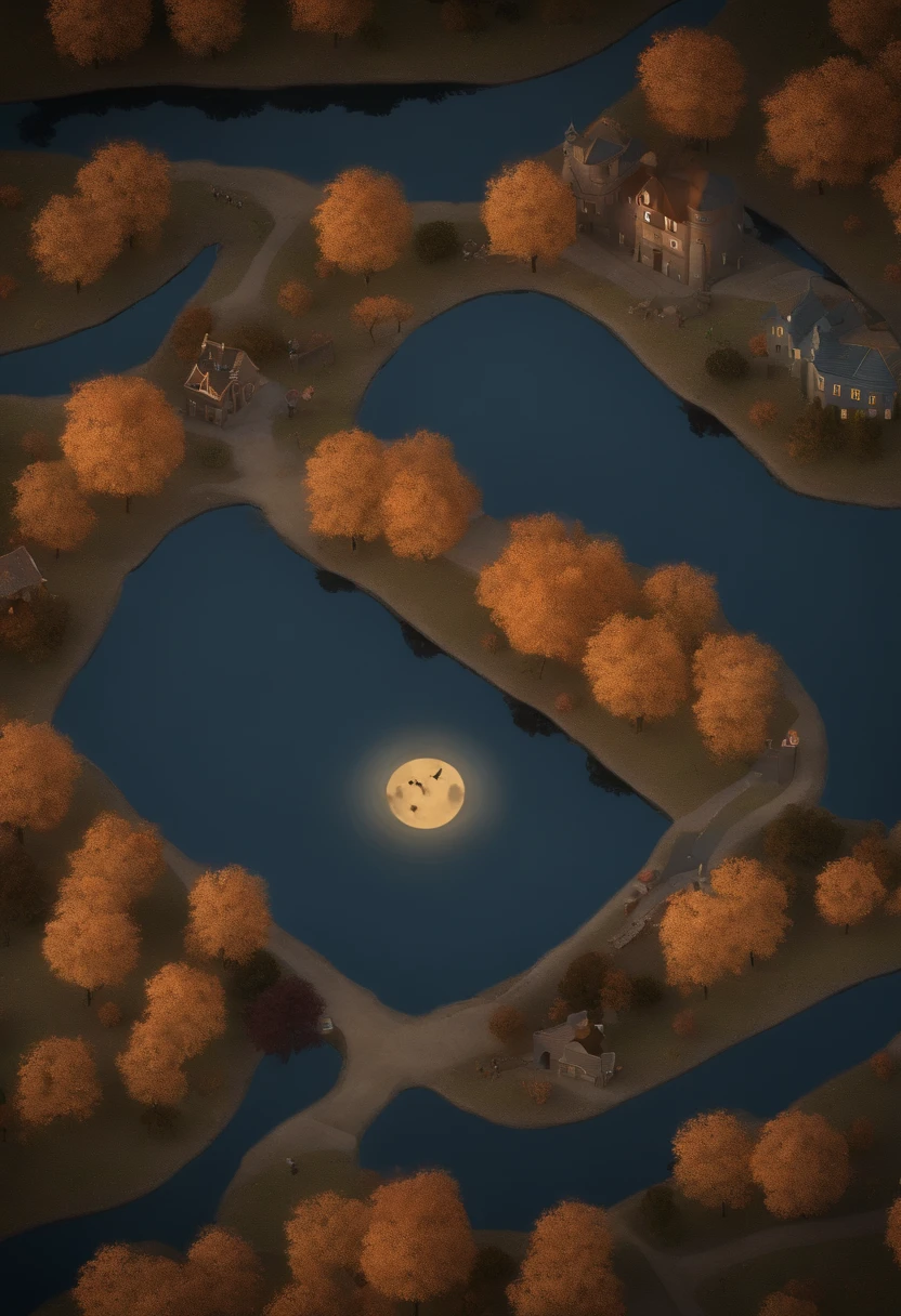 *Create a Halloween Mystery Hunt Map in High Definition, the area of the land in the shape of a butcher's cleaver,repleto de detalhes intrigantes e misteriosos. The map should be a Halloween-themed setting, with elements such as carved pumpkins, morcegos, Ominous trees and a full moon in the night sky. Make sure the details are crisp and accurate, de modo que os elementos do mapa se destaquem de maneira cativante. Os elementos do mapa devem ser misteriosos, conveying a sense of suspense and fun, Suitable for a treasure hunt. Add clues and riddles in strategic locations on the map, encouraging mystery hunt participants to explore and solve puzzles in order to progress. Clues may include symbols, cipher words or cryptic images. The image quality should be high-definition to ensure that all details are clearly visible. Make sure the map conveys the spirit of Halloween, evoking a magical and mysterious atmosphere."