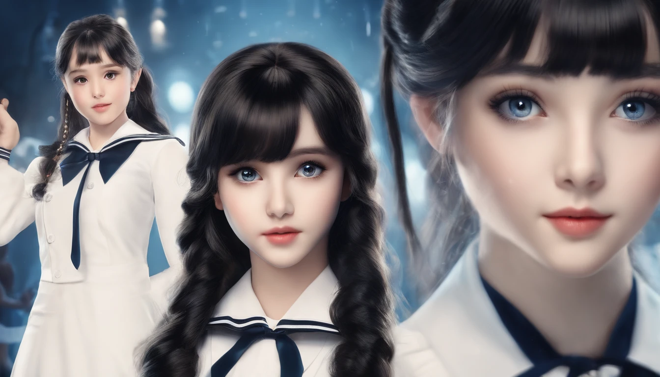 (((masterpiece))), (((best quality))), ((ultra-detailed)), (illustration), (detailed light), 1girl, parted lips, looking at viewer, teenage girl, long hair, white and black split colors hair, black and white eyes, black and white heterochromia, blue sailor school uniform, school background, curly bangs, facing at viewer, one black and another white glove, pearl necklace, theatre, (hlfcol haired girl with white and black hair)