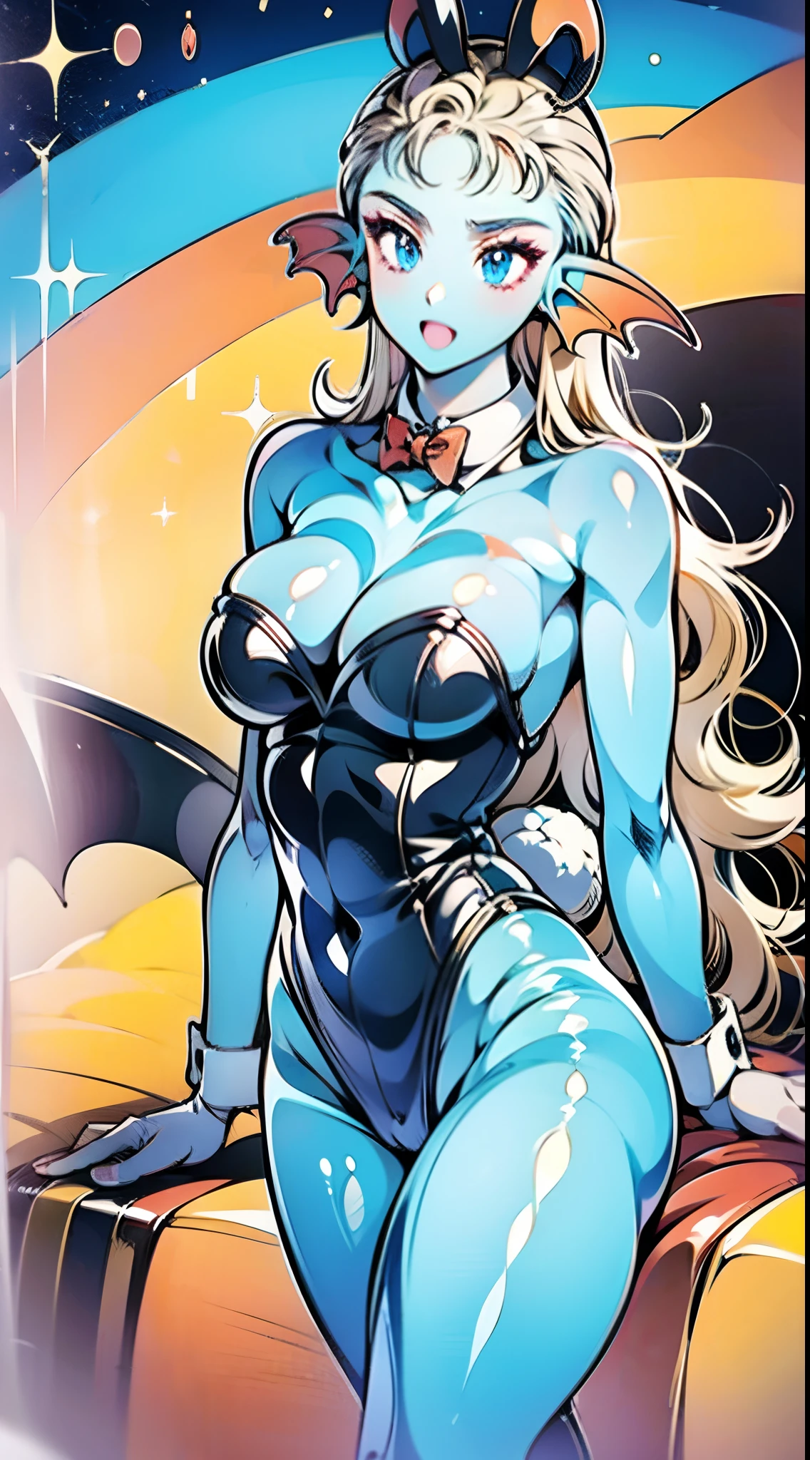 Rambo、8K, high definition, married, beautiful, beautiful, bright, eye highlights, sexy, erotic, beautiful line drawing, light blue skin, blue and orange gradient ear fins, bunny girl, bunny suit, net tights on legs,