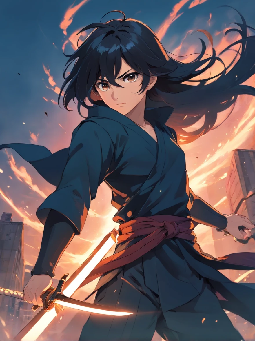 "Tough swordsman,Long black hair,wearing black clothes,holding enormous sword,Stand in a smoky battle scene,Muscle tightness,with a determined look in his eyes。"