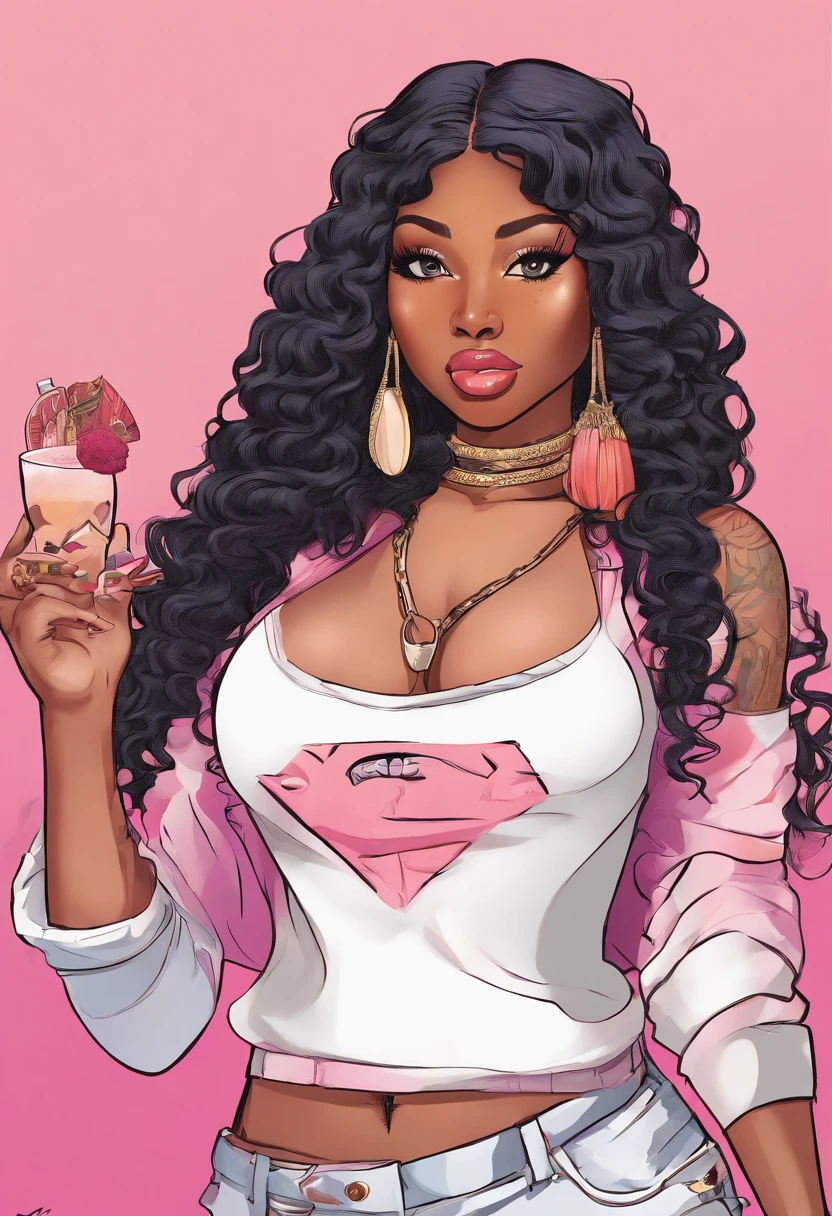 there is a woman with long background is all just light pink cuba, sza, gorgeous woman that looks likedoja cat, long curly hair, ☁🌪🌙👩🏾, she is wearing a black tank top underneath an off shoulder beige sweater , black hair, black long curly hair, young black woman, milf, voluptuous body, thick thighs, big breasts, nicki, nicki minaj, minaj, nickiminaj,