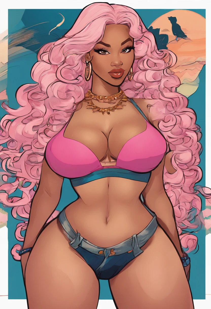 there is a woman with long background is all just light pink cuba, sza, gorgeous woman that looks likedoja cat, long curly hair, ☁🌪🌙👩🏾, she is wearing a black tank top underneath an off shoulder beige sweater , black hair, black long curly hair, young black woman, milf, voluptuous body, thick thighs, big breasts, nicki, nicki minaj, minaj, nickiminaj,