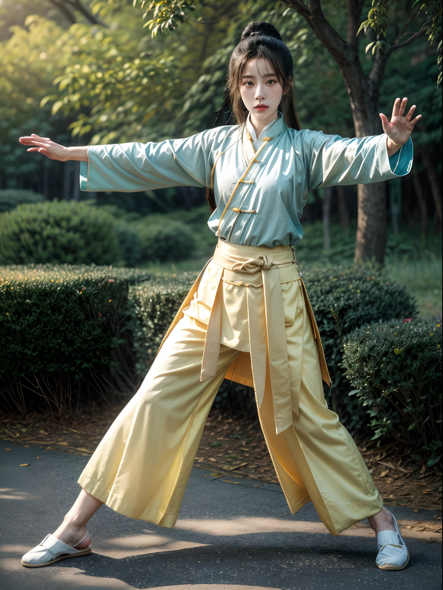 (Beautiful girl practicing Tai Chi Kung Fu pose in the park: 1.2), (Hanfu, Ming dynasty clothing, White Mountain, Multi-color ????? PO skirt, Yellow belt，pleatedskirt), Infrared photography, Graphic design, poster for, fine art, vivd colour, 1.4x realism，hyper HD，Textured skin，(??????? correct，Accurate and perfect Korean female face，Golden ratio), tianfeng1