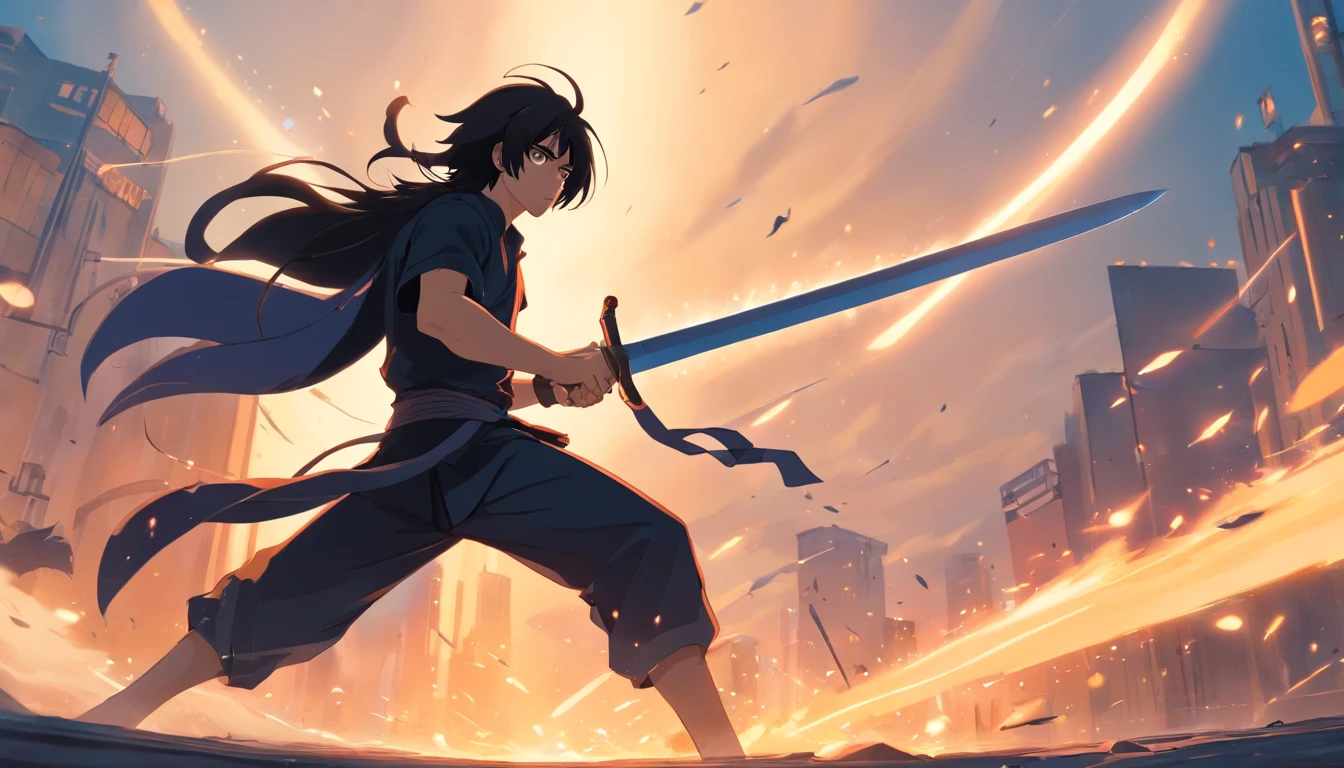 "Tough swordsman,Long black hair,wearing black clothes,holding enormous sword,Stand in a smoky battle scene,Muscle tightness,with a determined look in his eyes。"