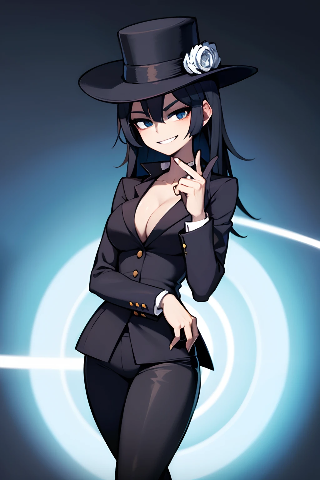 anime girl, dressed like a magician, blue hair, black top hat, smiling, magical assistant, wearing a black blazer, white buttoned shirt, black leggings. body tattoo, 4k good anatomy