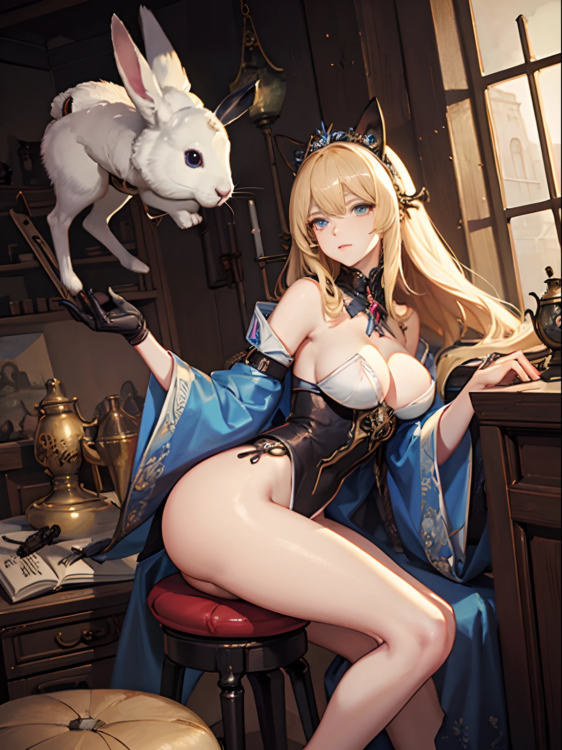 AntonPieck, Gerda Wegener, Mabel Attwell, Surreal, mysterious, strange, fantastical, fantasy, Sci-fi, Japanese anime, miniskirt beautiful girl Alice, blonde, perfect voluminous body, big tits cleavage cute ass, sexy innocent erotic coquettish, mechanical rabbit tea party, gears of time and space, hyper detailed masterpiece, high resolution definition quality, depth of field, cinematic lighting