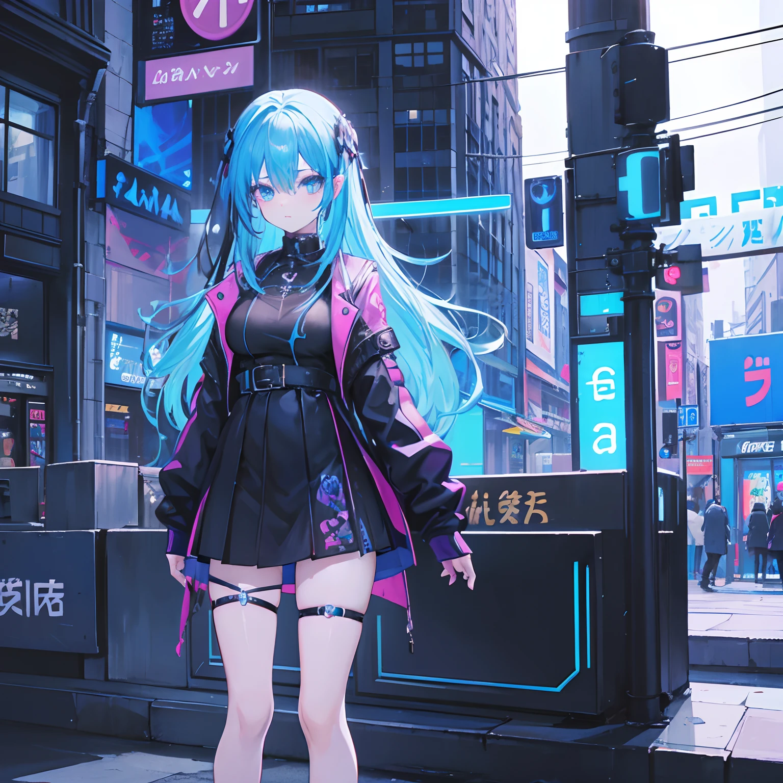 A goth girl in a blue neon city, , Anime style, por el ancho, de  pie,  saltandoo, Linda, ropa ,  gotic, con capa, waifu girl, neon azul,