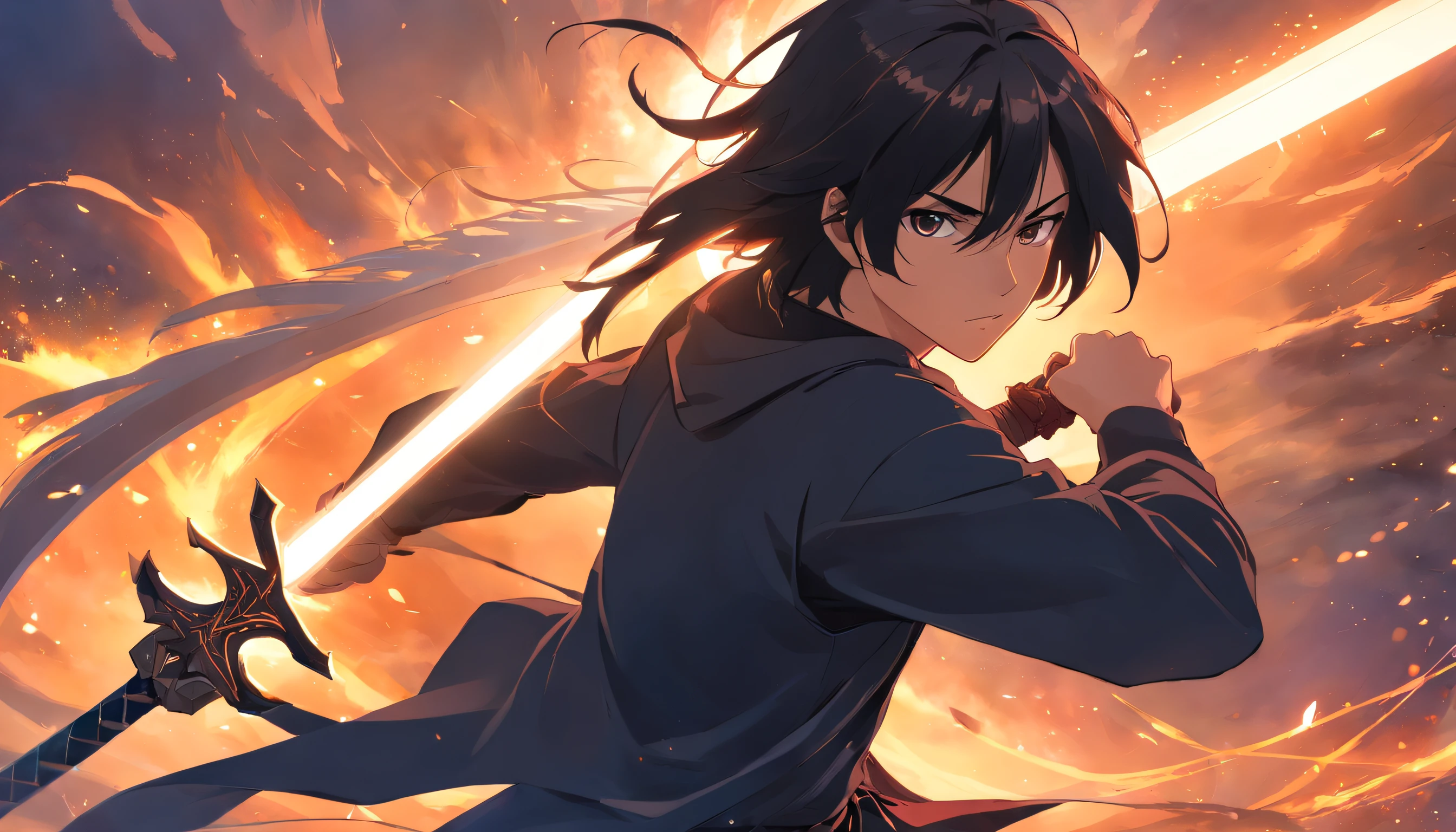 "Tough swordsman,Long black hair,wearing black clothes,holding enormous sword,Stand in a smoky battle scene,Muscle tightness,with a determined look in his eyes。"