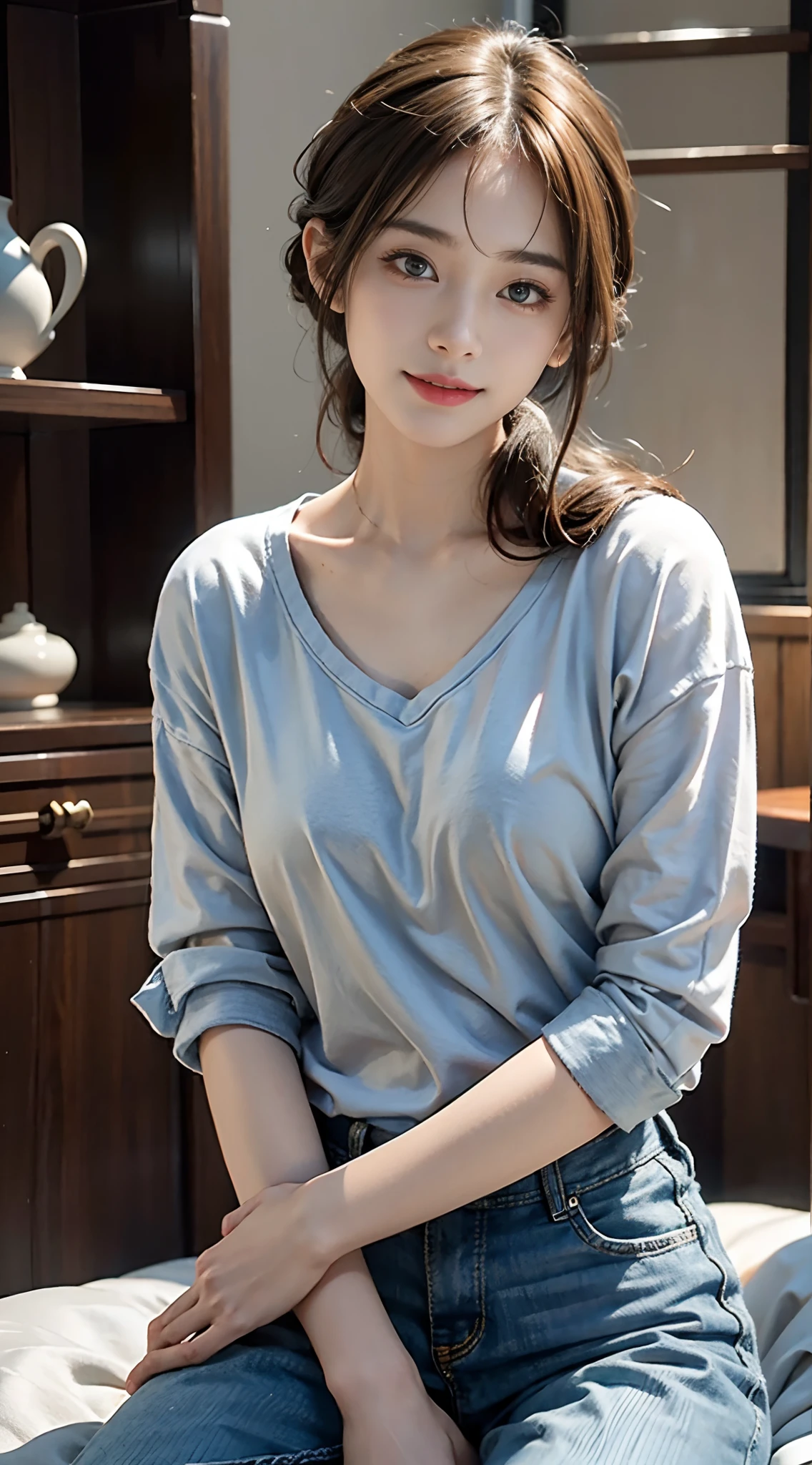 top-quality、masterpiece、超A high resolution、(Realistic:1.4)、Raw photo、1 17-year-old girl、ssmile、macho、lighting like a movie