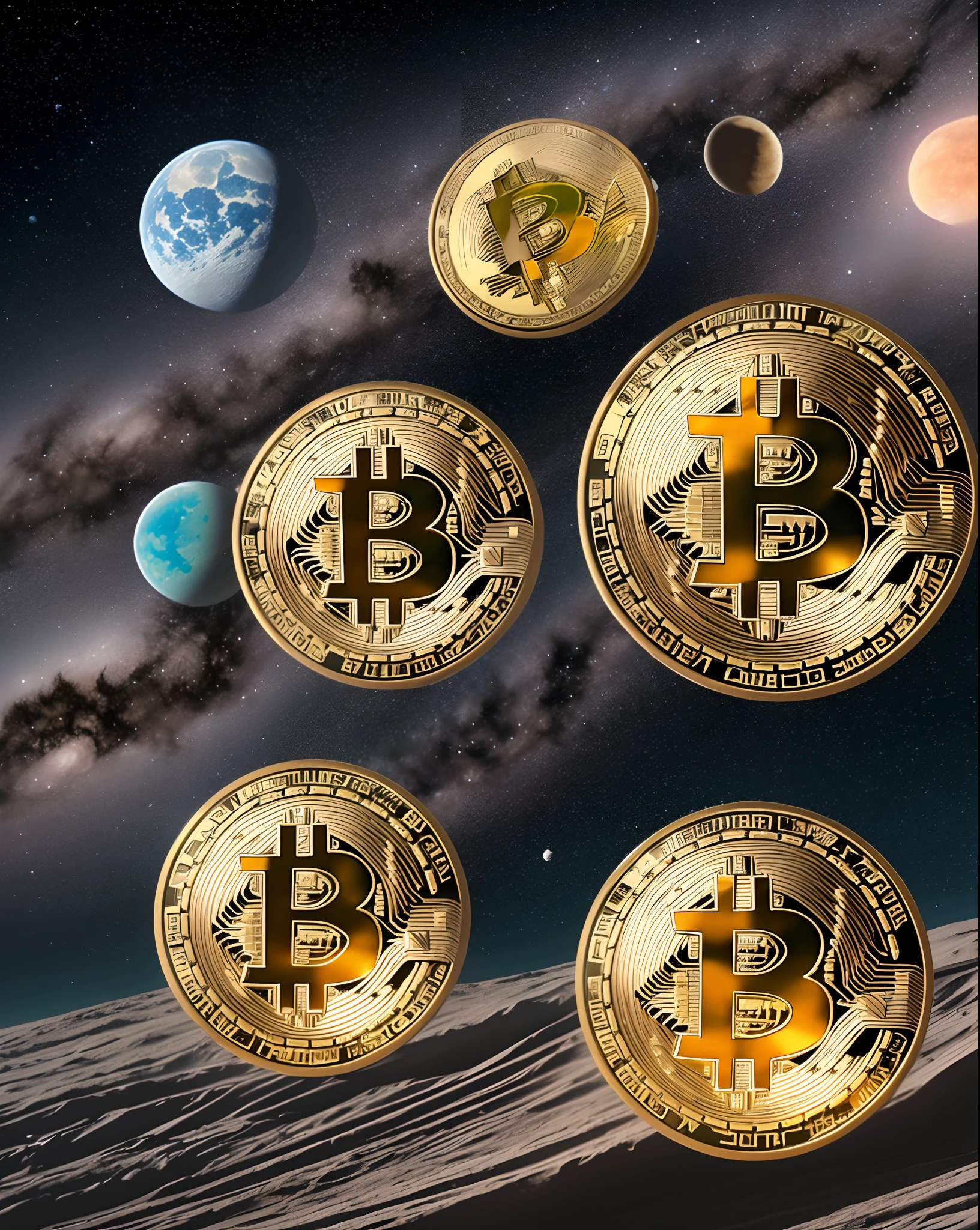 Bitcoin cryptocurrency symbol on the moon next to planets