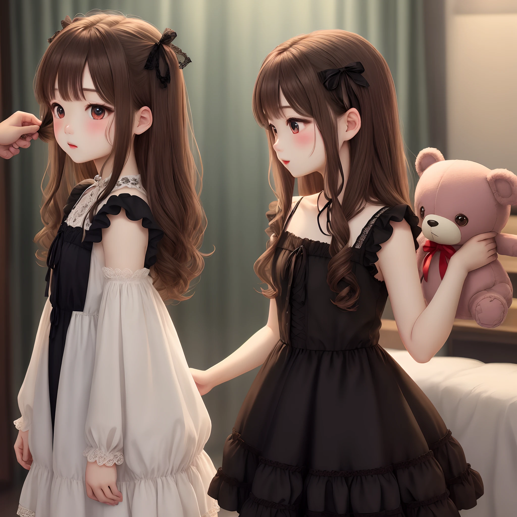 Brown hair、The long-haired、Twin-tailed、Tying hair with ribbons。Wearing a black dress with lace and ruffles、eyes are red、Girlish figure、Accompanied by a stuffed animal、