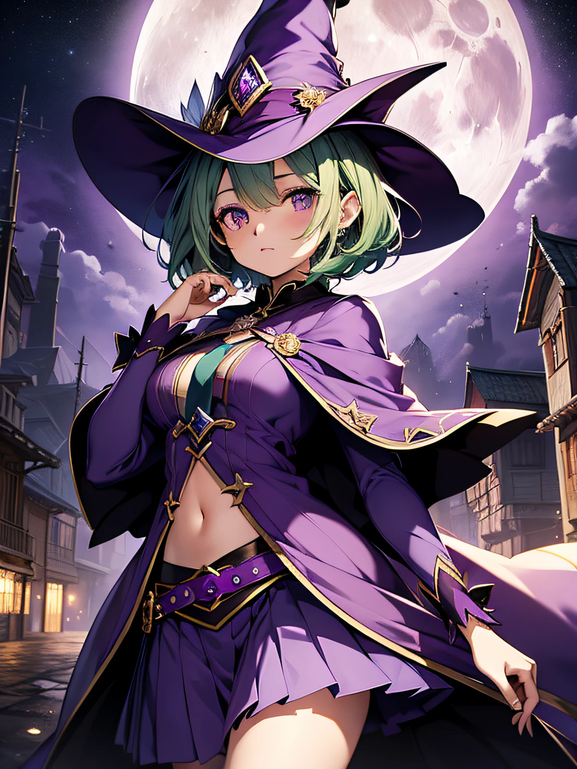 top-quality、extremely delicate and beautiful、(A  girl)、Purple Eye、Green hair、short-haired、(purple witch hat)、Purple tie、Soio、shortsleeves、Purple skirt、Purple Wizard Robe、Navel、is standing、Full moon night on background