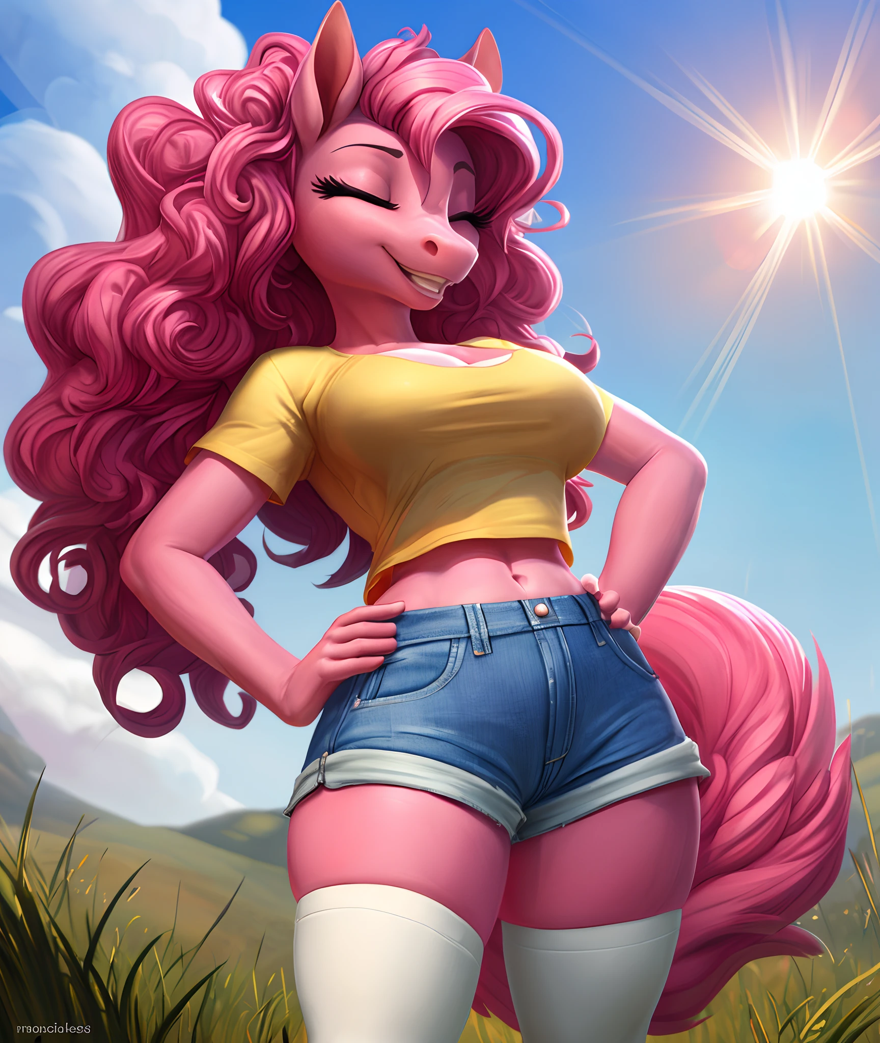 [pinky pie], [Uploaded to e621.net; (siden), (Pixelsketcher), (mayosplash), (wamudraws)], ((masterpiece)), ((HD)), ((high quality)), ((solo portrait)), ((full body)), ((furry; anthro)), ((detailed fur)), ((detailed shading)), ((beautiful render art)),  ((intricate details)), {anthro horse; (slim female figure), (pink fur), (both eyes closed), (long eyelashes), horse snout, (curly hot-pink hair), (curly hot-pink tail), (medium boobs), (gorgeous hips), (excited smile), (white teeth)}, {(yellow tee shirt), (cleavage), (denim short shorts), (white-stripes on light-blue thigh-highs), (light-blue sneakers)}, {(standing), (hands on hips), (looking at viewer)}, [background; (grass plains), (clouds), (blue sky), (sun rays)]