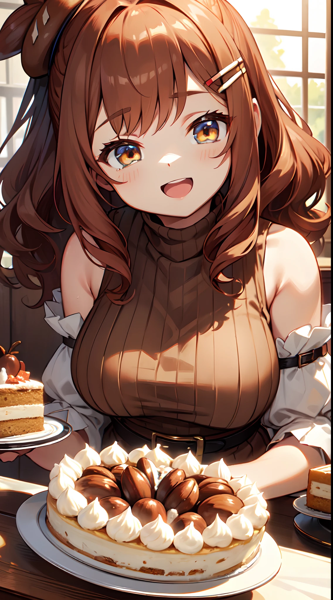 Cute, (1 girl:1.1), Solo, (light brown hair:1.3), Medium Hair, Wavy Hair, Purple eyes, A big smile, Ahoge, (Rabbit ears:1.4), (Rabbit tail:1.3), Princess Cut, (Fluffy muffler:1.8), (coat:1.6), (Autumn clothes:1.6), (Chibi:1.0), (Slouch:1.4), (cleavage:1.4), (Holds a small birthday cake with a fork in one hand。:1.5)