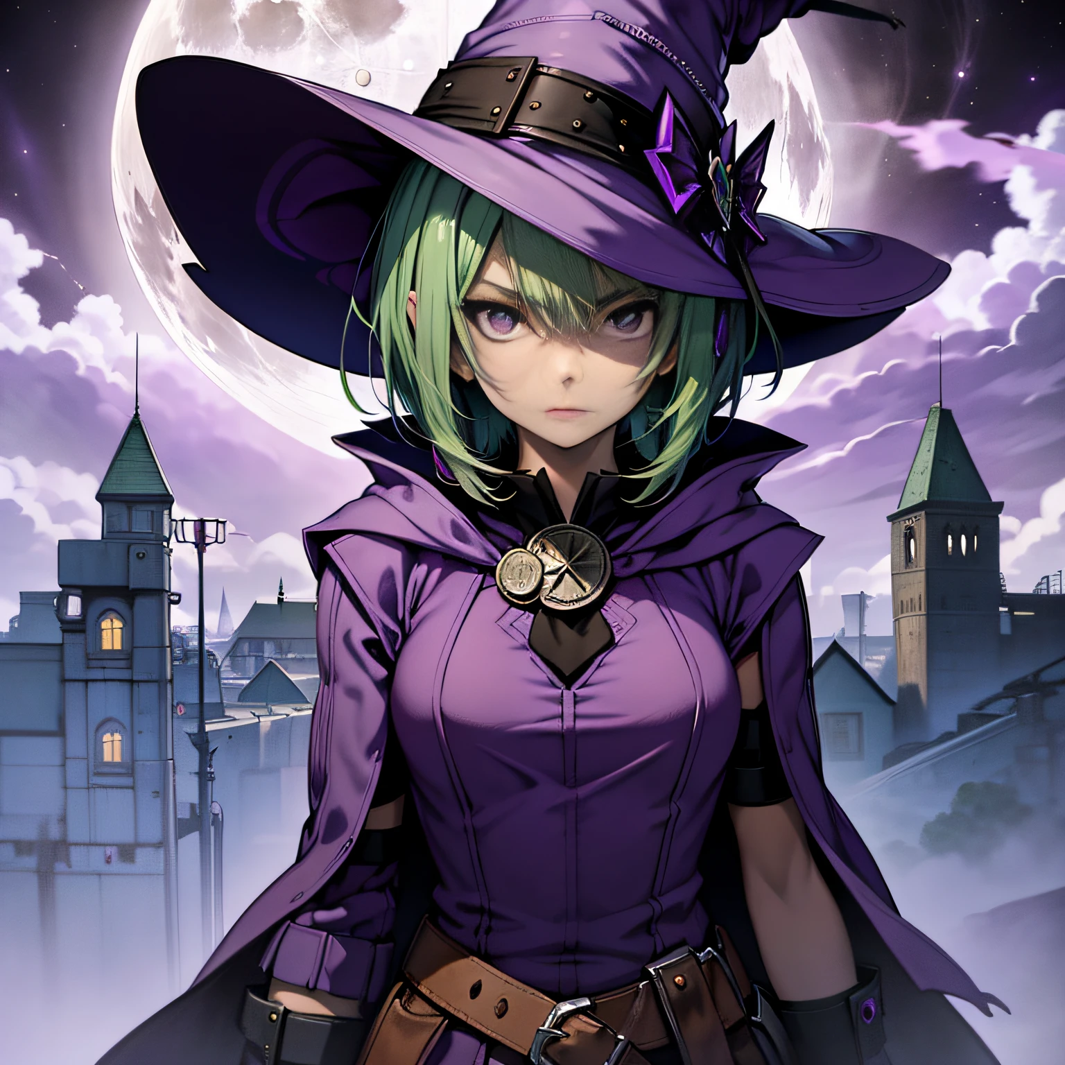 top-quality、extremely delicate and beautiful、(A teenage girl)、Purple Eye、Green hair、short-haired、(purple witch hat)、Purple tie、Soio、shortsleeves、Purple skirt、Purple Wizard Robe、Navel、is standing、Facing the front、Expression of hatred、Full moon night on background、Only eyes