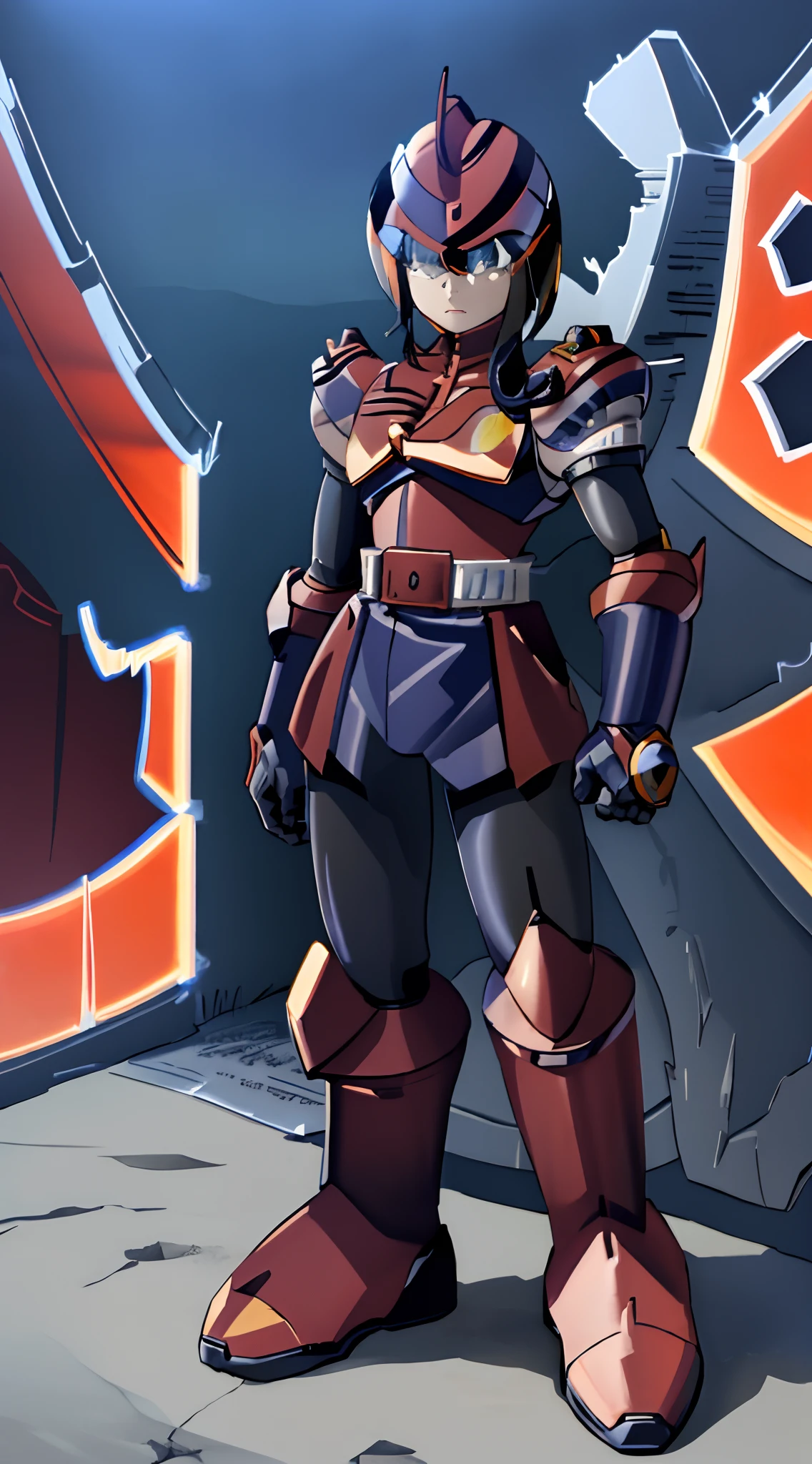 Masterpiece (best quality): Ryuko Matoi wearing a full suit of Megaman armor,Proto-Man armor, heavy armor gauntlets, heavy armor belt, heavy armor boots, facing camera, punk pose, robust armor, armored dress, wide red and black belt, Heavily armored, cybernetic heavy armor, arm gloves, knee-height skirt, heavy cybernetic boots, heavy cybernetic arms, heavy cybernetic torso, waist belt, megamanX heavy armor, bulky megamanX armor, reploid armor, Armored cone dress, Extremely Heavy body armor, large wide dress, Waitor Dress, Heavy Torso Armor, wearing headset, Protoman helmet, heavy armored helmet, hands on hips, punk pose