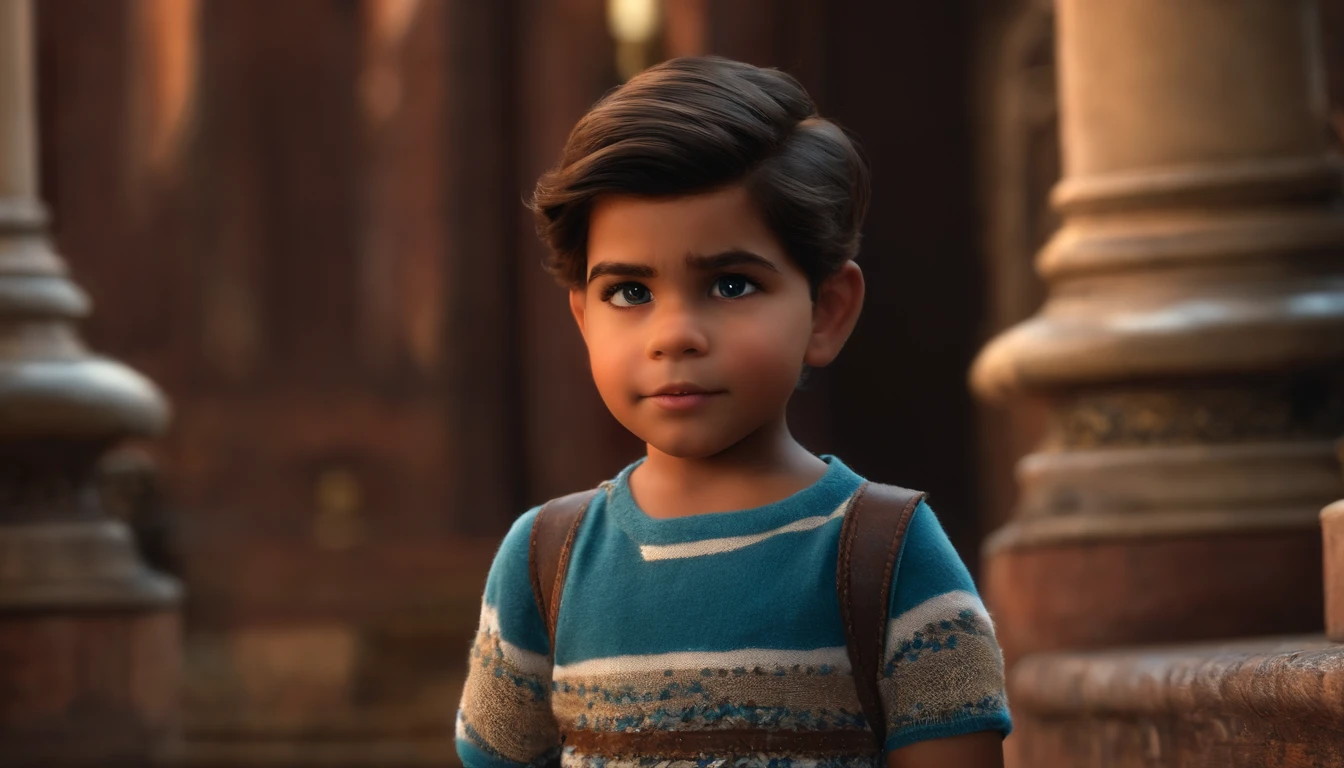 : Miguel, cerca de 5 anos de idade, Cabelo curto no estilo Disney, olhos azul, em uma pequena cidade