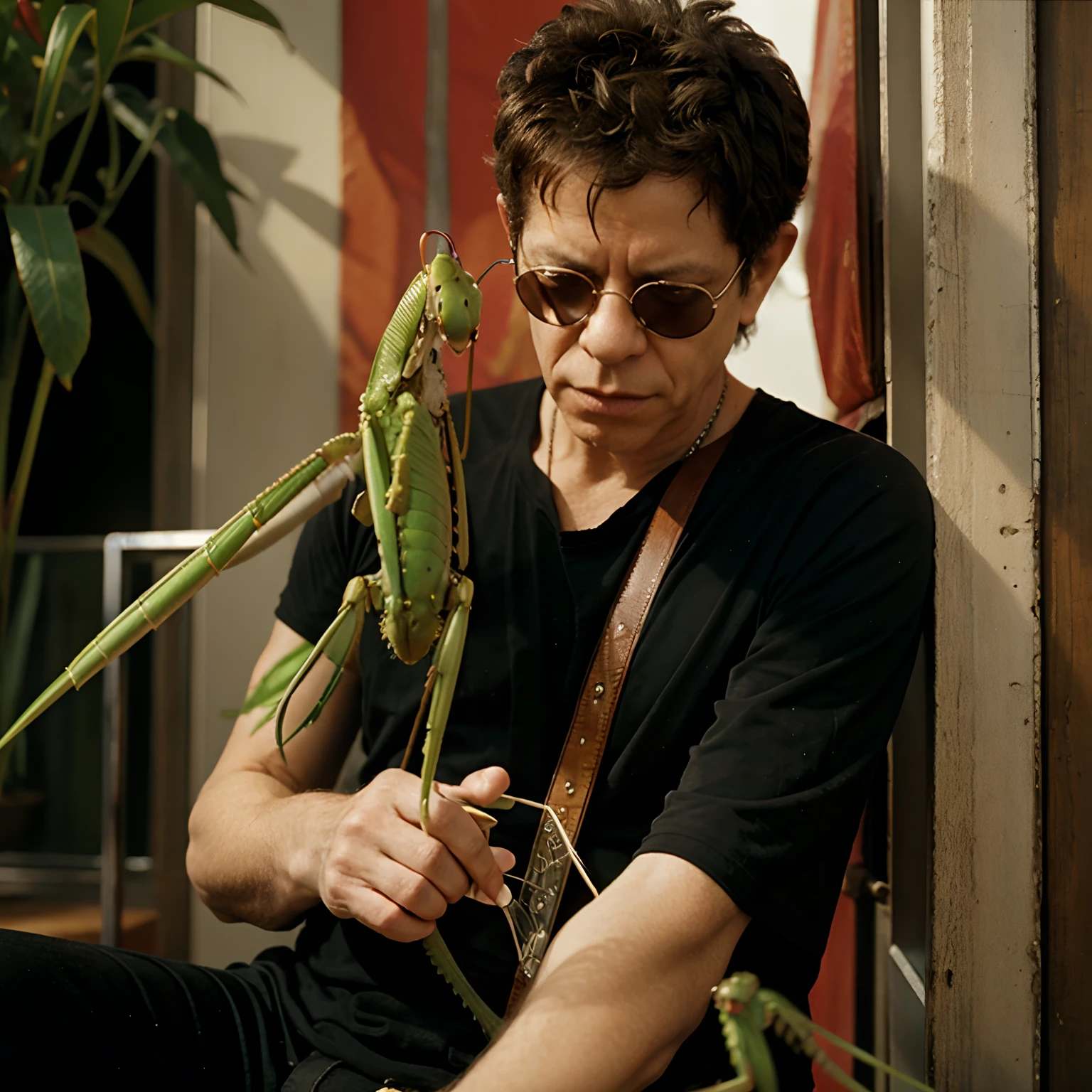 Lou Reed playing with a praying mantis