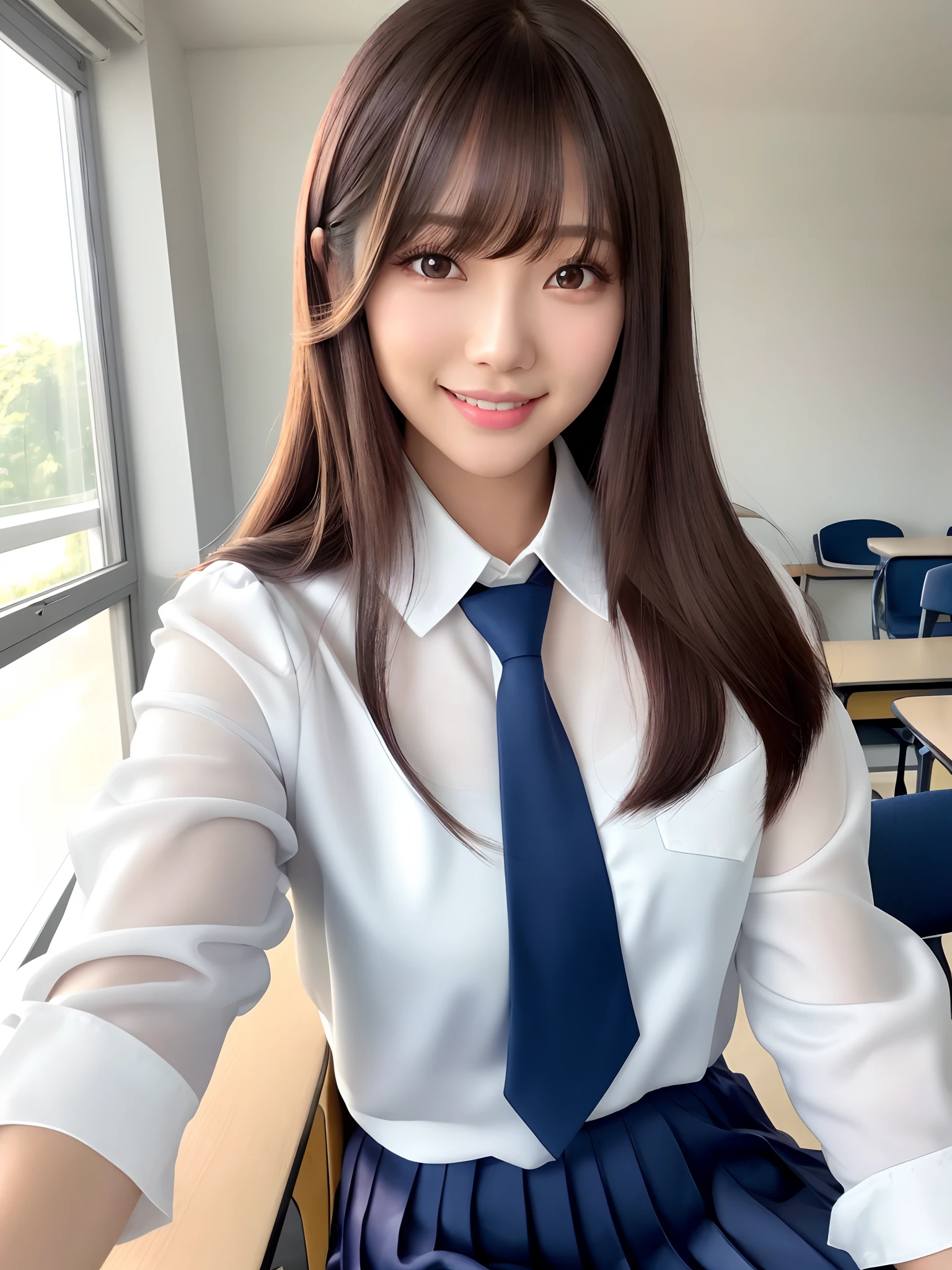 product quality, 1girl, upper body shot, front view, a Japanese young pretty woman, long bob hair, sitting on her chair and studying with a big smile in a classroom, note and a textbook on her desk, glamorous figure, wearing a long sleeve white collared silky satin shirt with shiny satin dark blue plain long tie, wearing a dark blue pleated long skirt, hyper cute face, glossy lips, double eyelids in both eyes, natural makeup, long eyelashes, shiny smooth light brown long bob hair, asymmetrical bangs, a tanned skin, central image, high resolution, high detail, detailed hairstyle, detailed face, spectacular cinematic lighting, octane rendering, vibrant, hyper realistic, perfect limbs, perfect anatomy