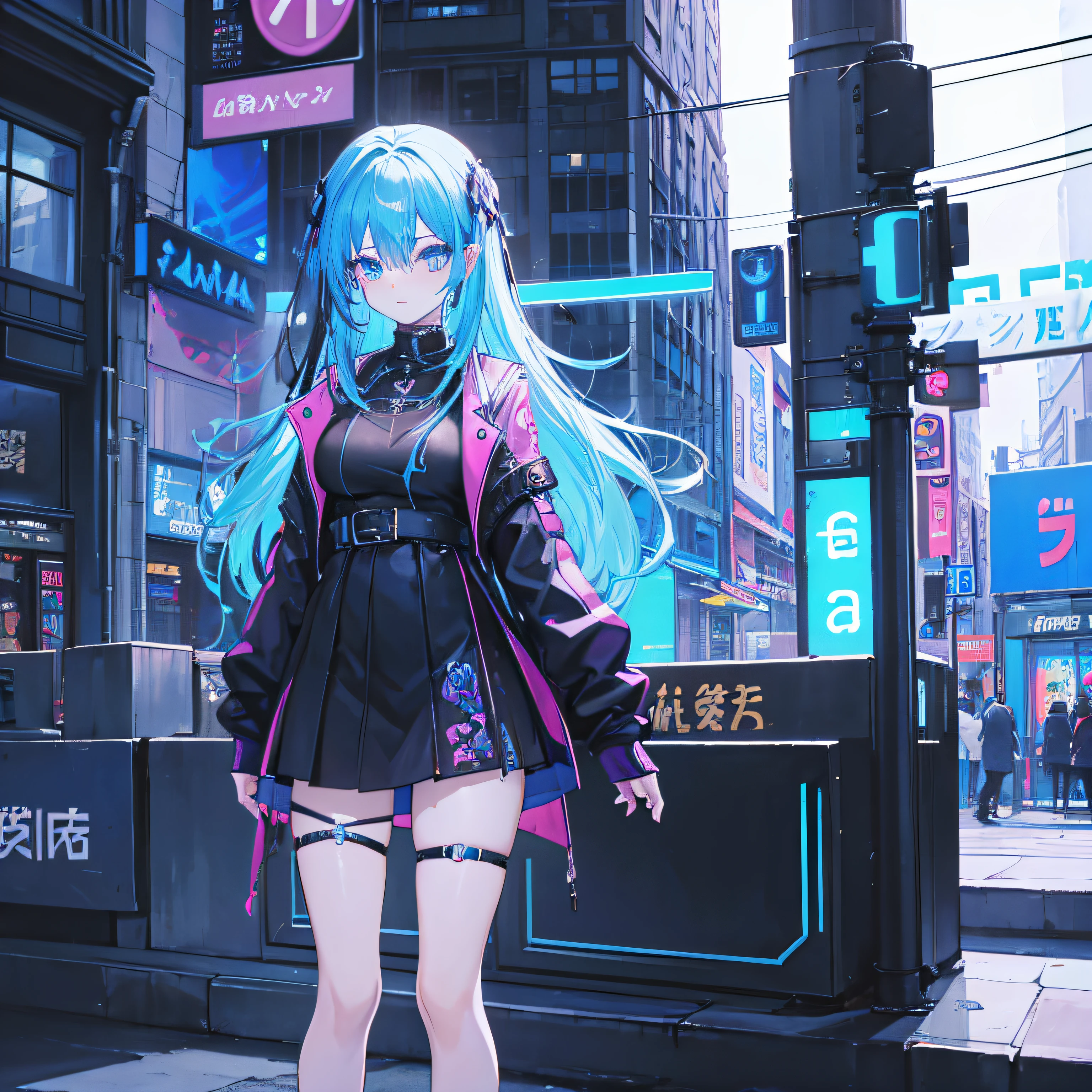A goth girl in a blue neon city, , Anime style, por el ancho, de pie, saltandoo, Linda, ropa , gotic, con capa, waifu girl, neon azul,