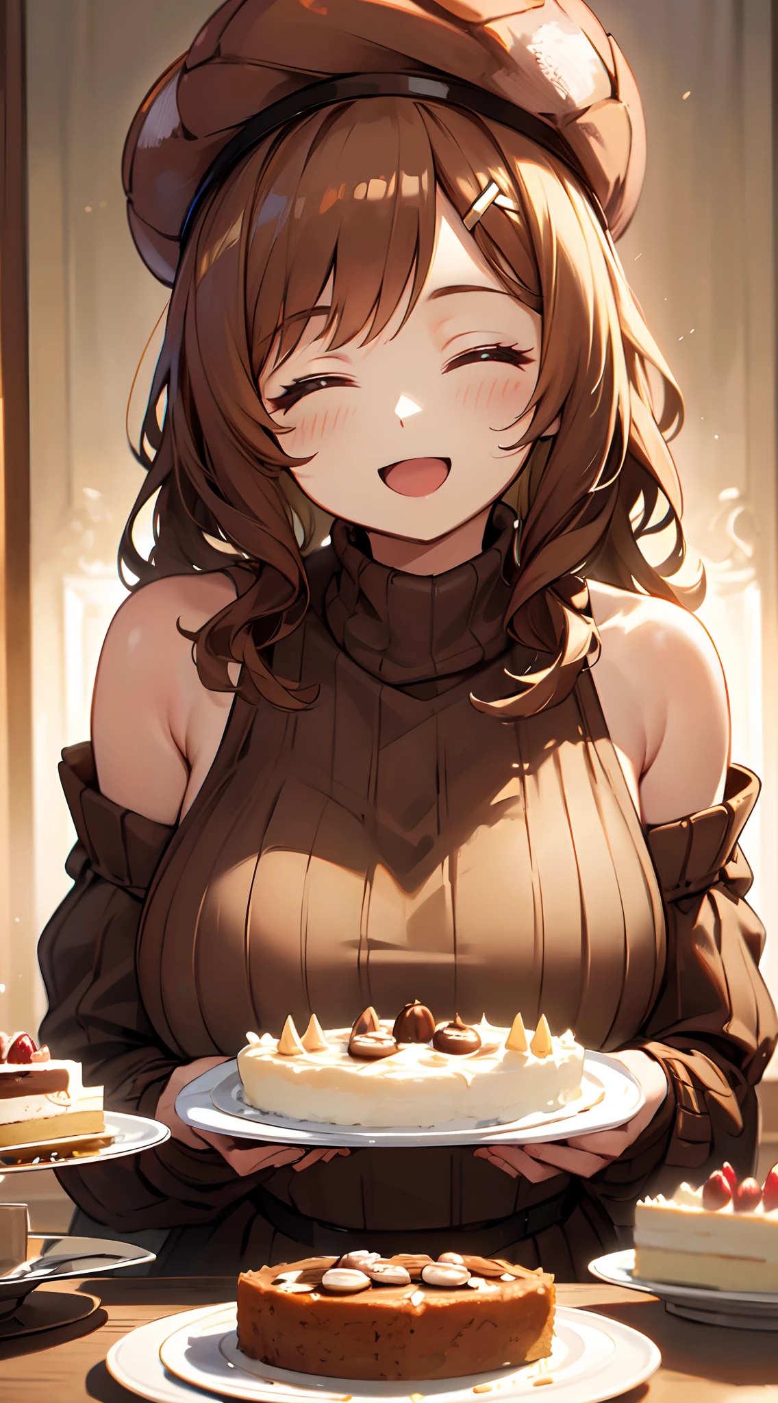 masterpiece,best quality,ultra detailed,8k,tall,big female,gigantic breasts,young,20 years old,medium hair,wavy hair,brown hair,hairclip,happy,smile,closed eyes,brown sweater,ribbed sweater,bare shoulders,detached sleeves,belt buckle,strapless,(huge cake:1.2),lots of cakes,(eat a cake:1.2),(chestnut cream cake:1.3),eating,open mouth,(giant chestnut cake:1.3),plate,cake,sitting,Close-up,