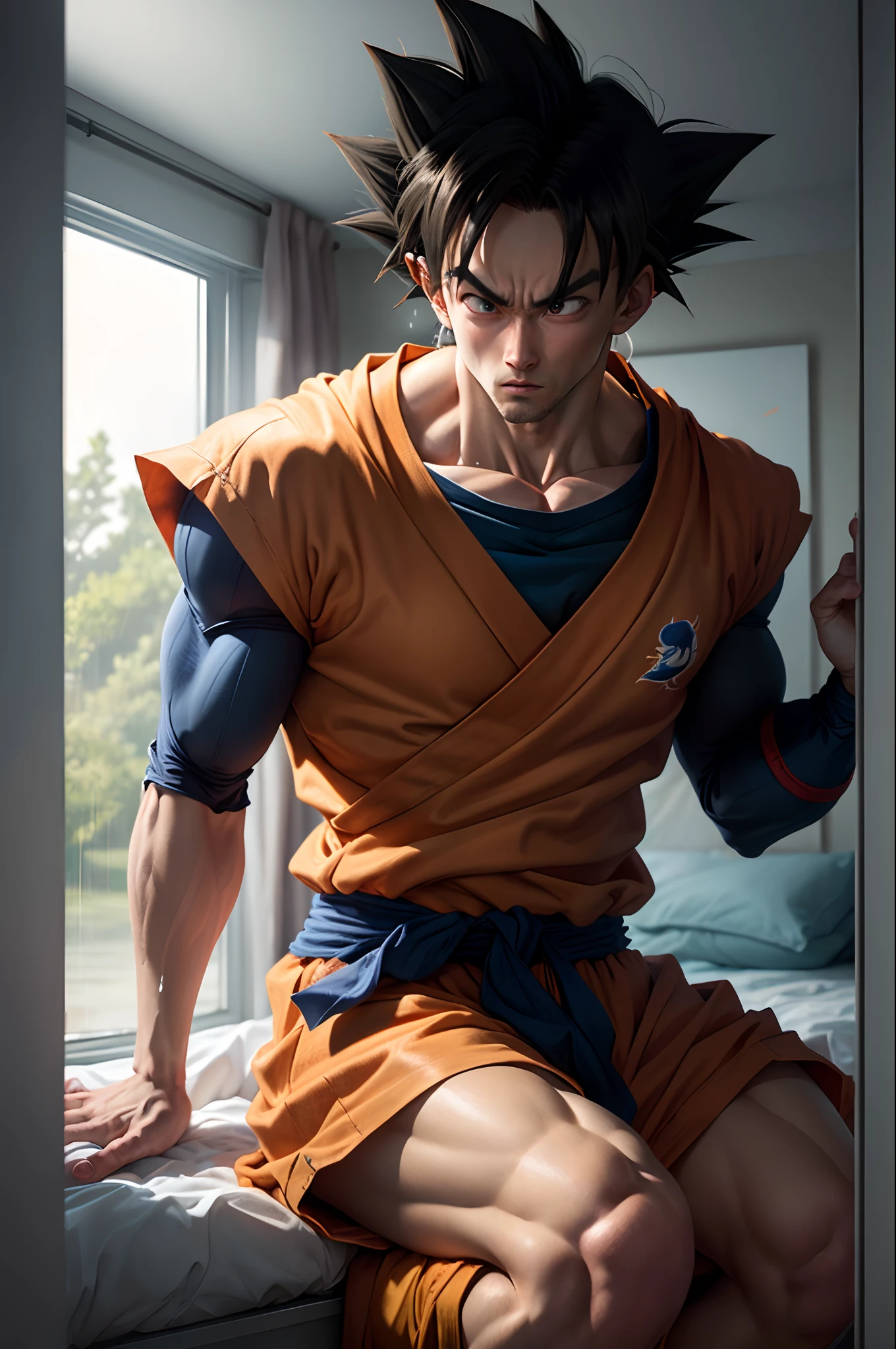 hyper realistic goku in his room sitting on his bed while it's raining outside the window and he looks sad