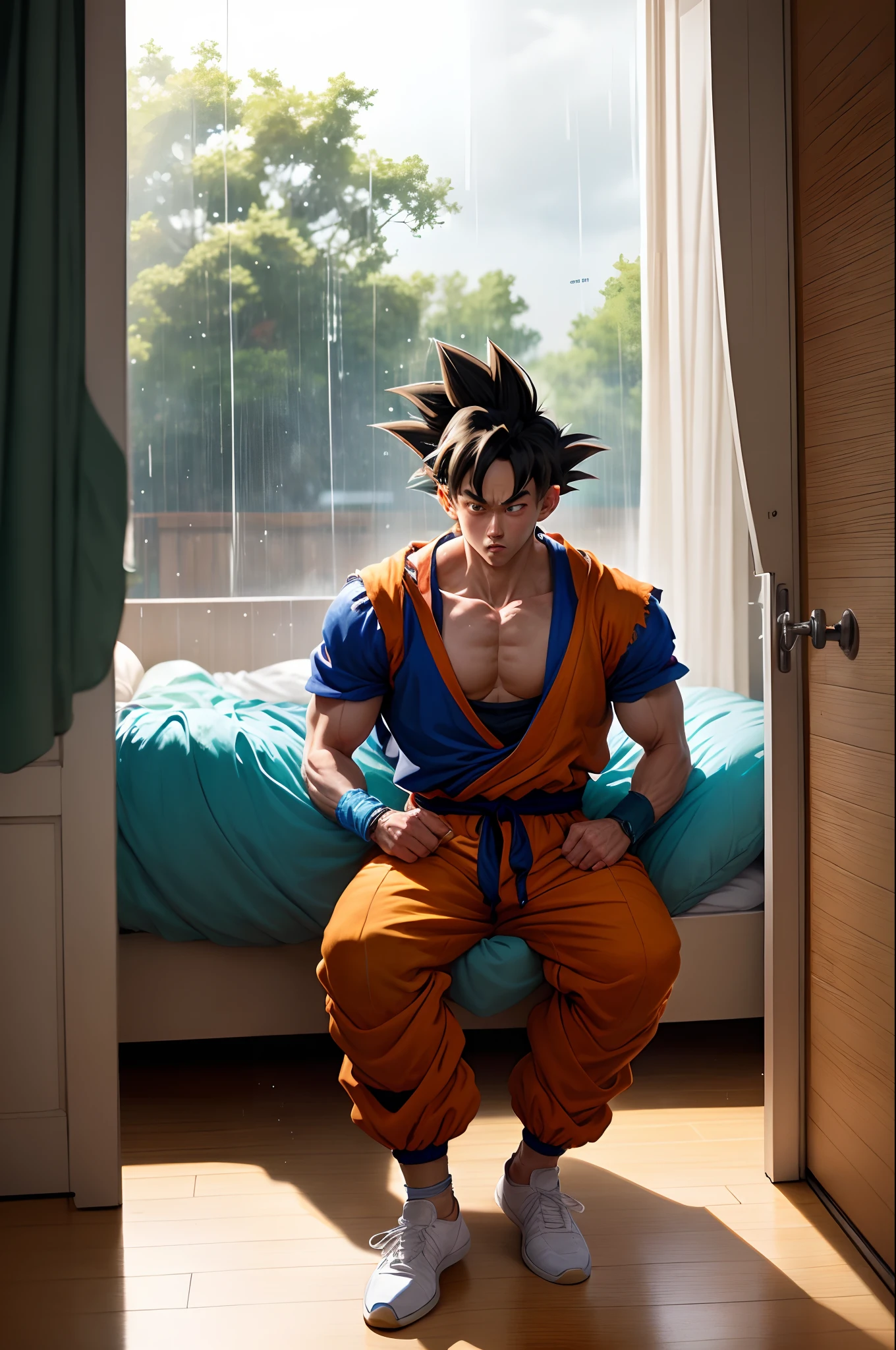 hyper realistic goku in his room sitting on his bed while it's raining outside the window and he looks sad