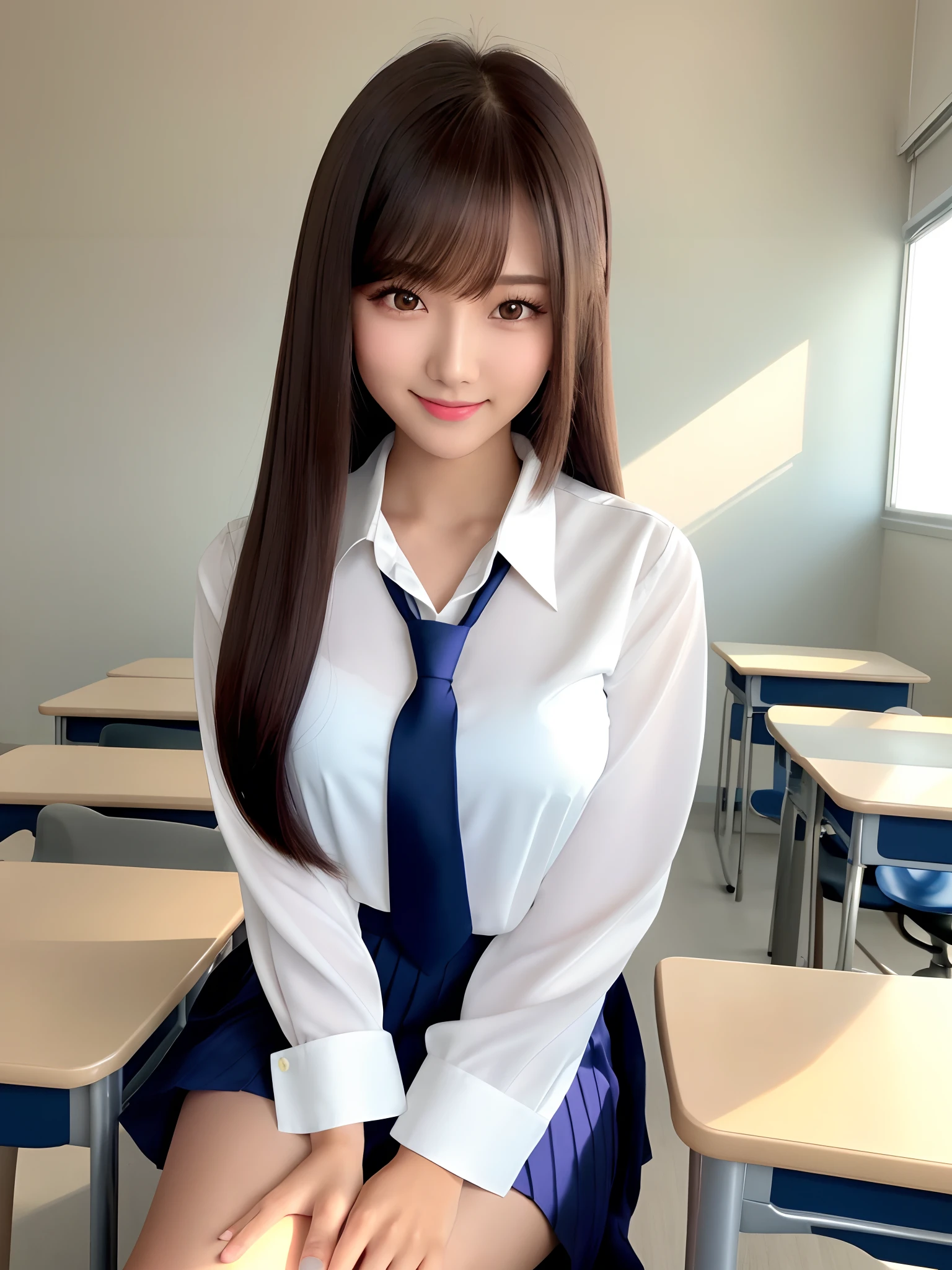 product quality, 1girl, upper body shot, front view, a Japanese young pretty woman, long bob hair, sitting on her chair and studying with a big smile in a classroom, note and a textbook on her desk, glamorous figure, wearing a long sleeve white collared silky satin shirt with shiny satin dark blue plain long tie, wearing a dark blue pleated long skirt, hyper cute face, glossy lips, double eyelids in both eyes, natural makeup, long eyelashes, shiny smooth light brown long bob hair, asymmetrical bangs, a tanned skin, central image, high resolution, high detail, detailed hairstyle, detailed face, spectacular cinematic lighting, octane rendering, vibrant, hyper realistic, perfect limbs, perfect anatomy