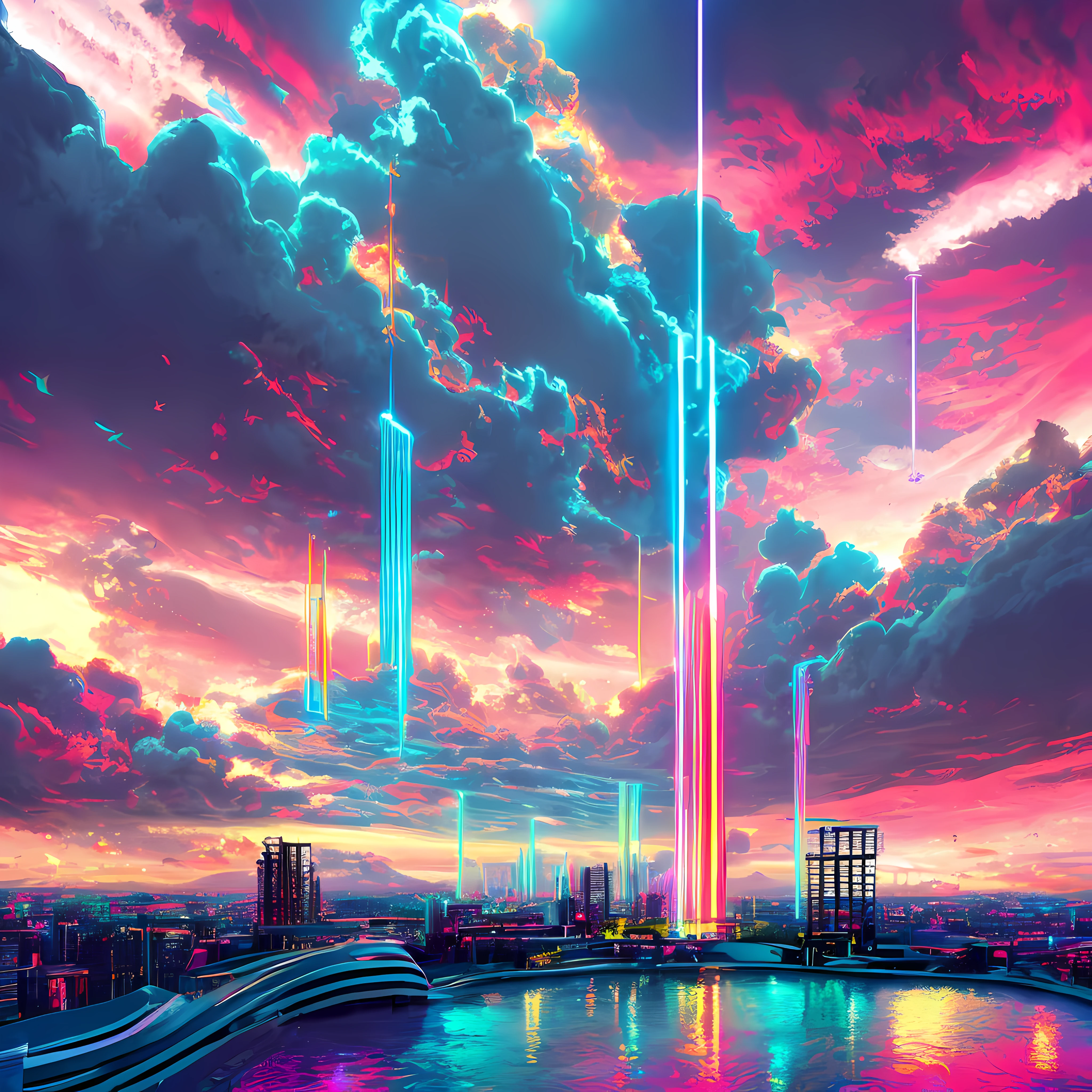 Heaven if it were cyberpunk, volumetric, neon, clouds, bright lights, angelic, beautiful scenery