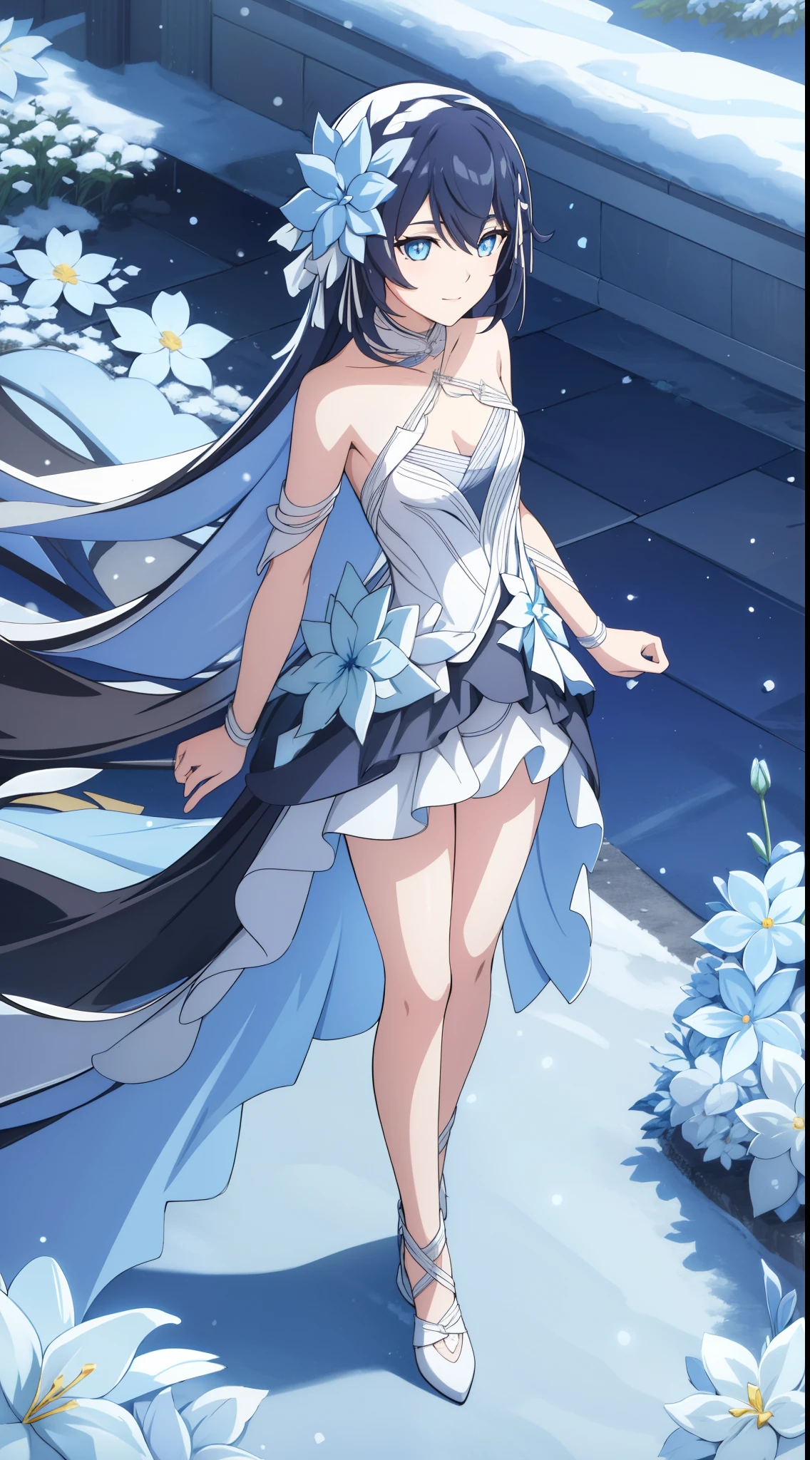 2D, HD, Detailed details, Detailed landscapes, beautiful lights, Beautiful Shadows, top-quality, Highly detailed, masterpiece, best quality, ((solo)), 1girl, horb, blue eyes, dress, long hair, looking at the viewer, anime-styled, (small breasts), smlie, flower, snow background, full body, standing