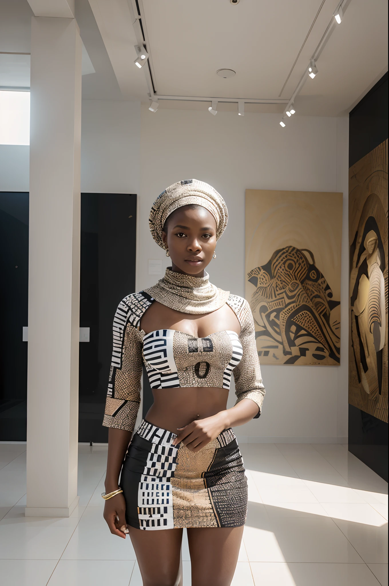 African woman dressed in African designed clothes, standing in museum full of QR code sculptures, white scene and white background with a mix of different colours, QR code wallpapers and tiles and art work all over the room, light shining with iridescent light, 32k, ultra HD, unreal engine rendered, cinematic lighting, artgerm style,