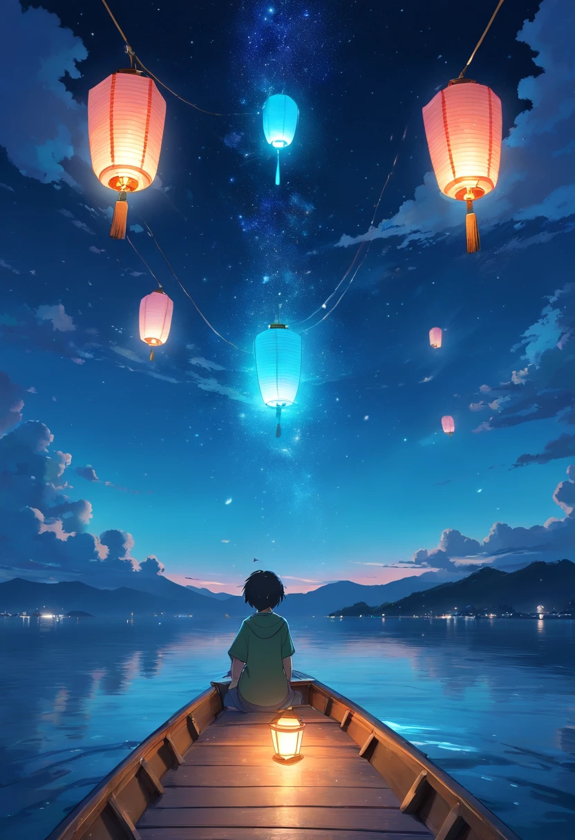 Vast night,the beautiful skyline,Vast ocean,Intense and dramatic imagery,the moving visual effects,The bright moon hangs high,Colorful natural light。A little boy sits on a lonely boat,Reaching out was a Chinese lamp,The green face is full of years,Look at the blue-cyan Kongming lanterns floating in the sky,The entire night sky is covered in blue-cyan。A big hand stretched out in the sky,As if to destroy the people on the lonely boat。