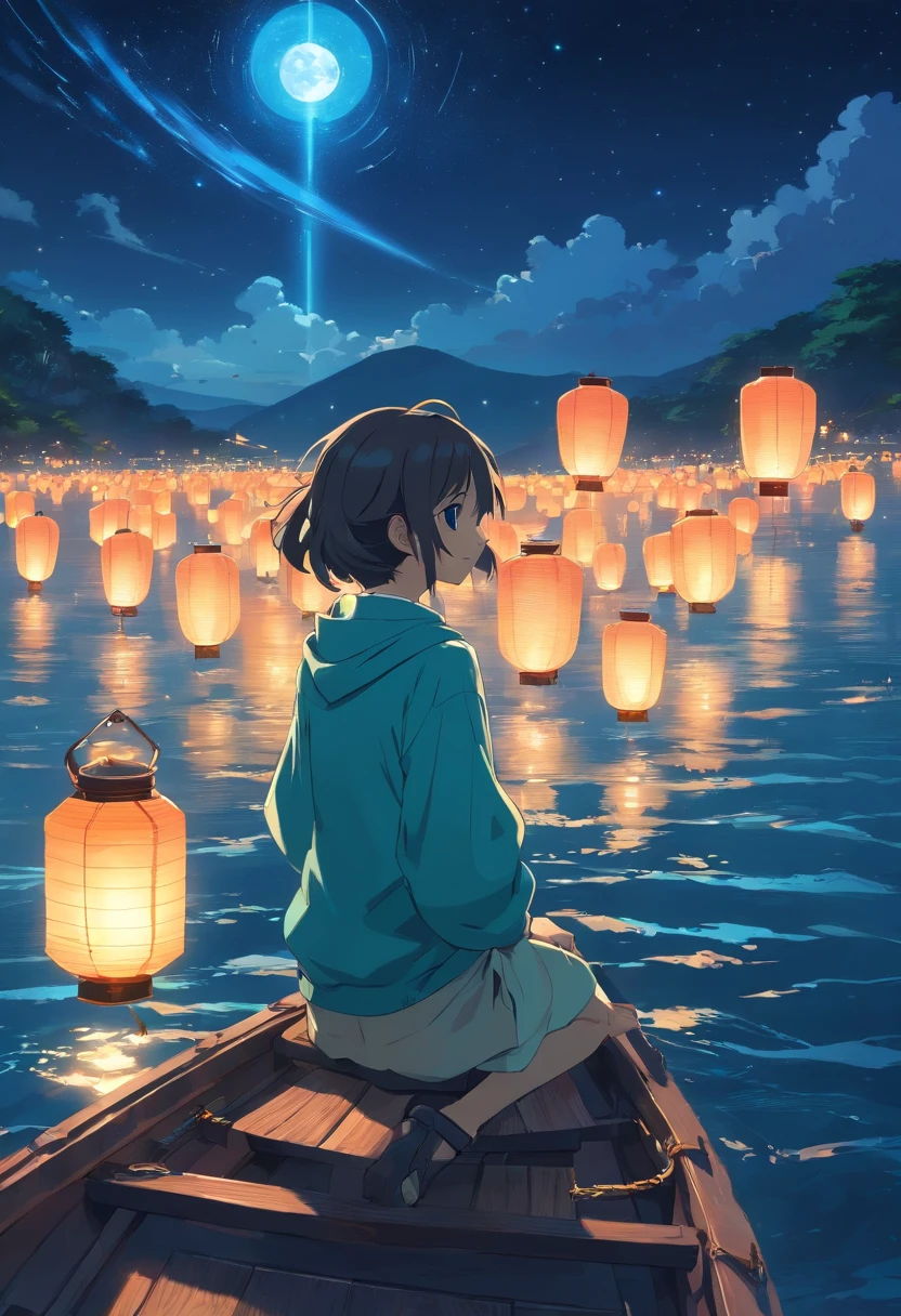 Vast night,the beautiful skyline,Vast ocean,Intense and dramatic imagery,the moving visual effects,The bright moon hangs high,Colorful natural light。A sits on a lonely boat,Reaching out was a Chinese lamp,The green face is full of years,Look at the blue-cyan Kongming lanterns floating in the sky,The entire night sky is covered in blue-cyan。A big hand stretched out in the sky,As if to destroy the people on the lonely boat。