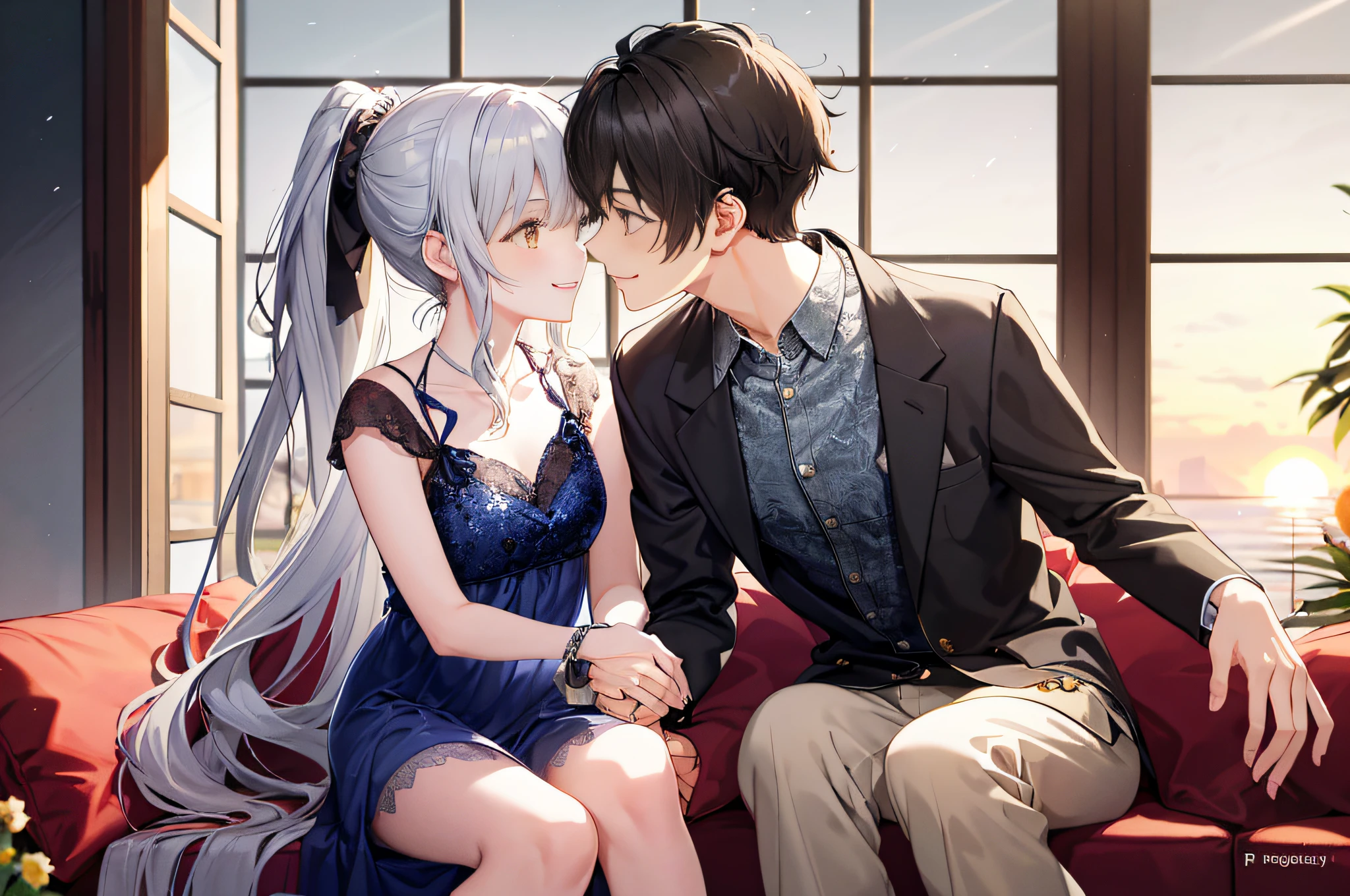 1 brown-eyed male boy with short black hair in full spring suit and 1 long curly wavy silver hair and messy ponytail high yellow eyes writhing girl in full spring dress Juliet long slevess smiling, (Boy with girl smiling), (Boy with girl smiling and loviling)