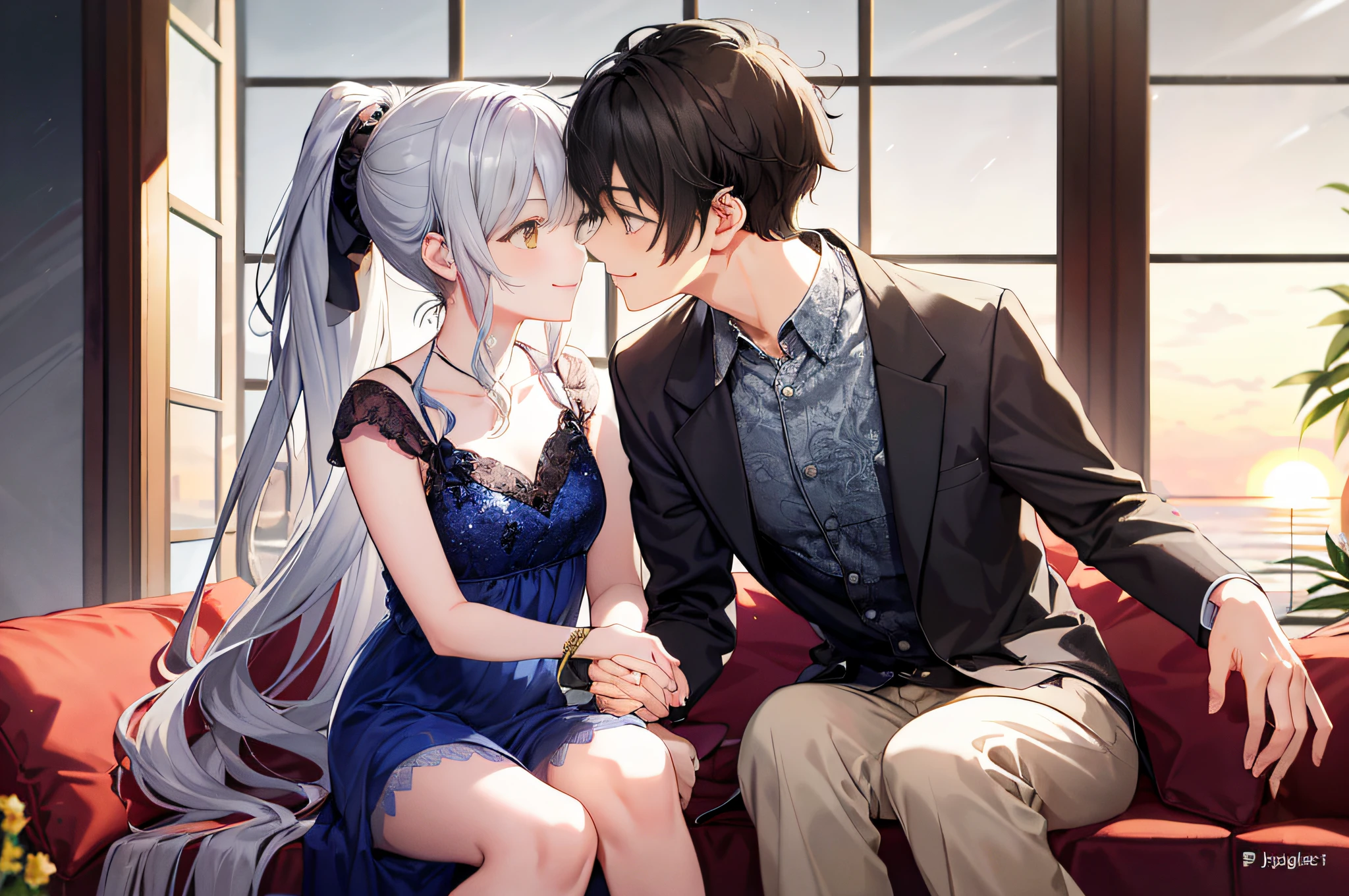 1 brown-eyed male boy with short black hair in full spring suit and 1 long curly wavy silver hair and messy ponytail high yellow eyes writhing girl in full spring dress Juliet long slevess smiling, (Boy with girl smiling), (Boy with girl smiling and loviling)