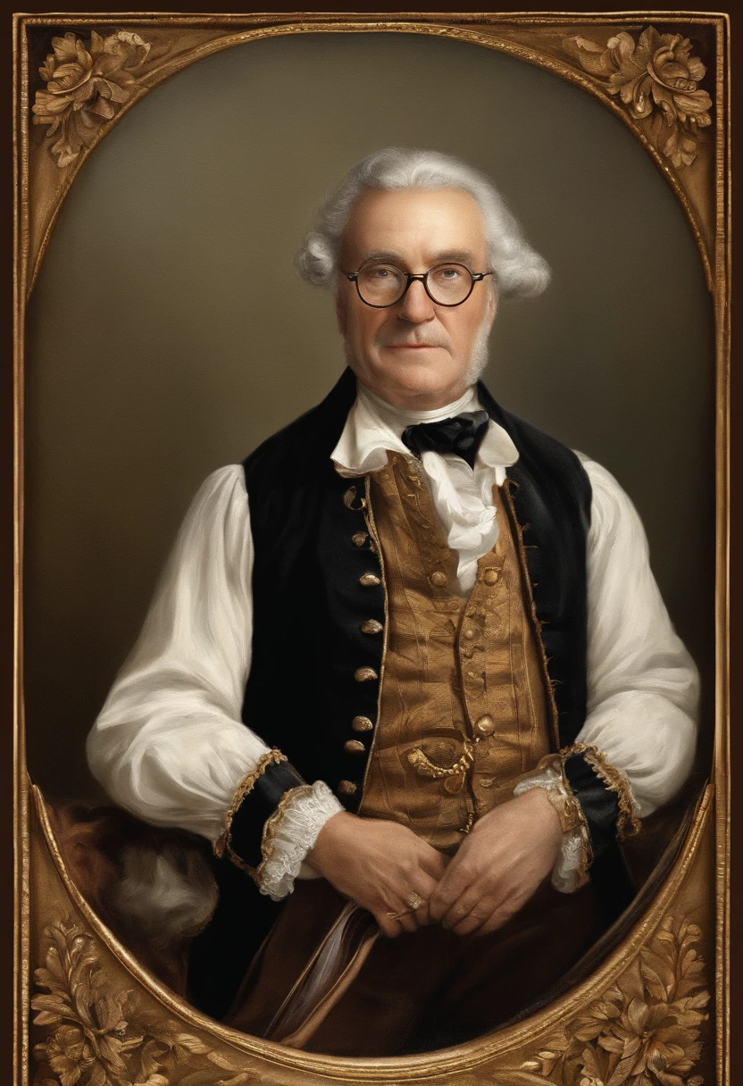 Make an old white man, com barba grisalha, com roupas estilo anos 1770, que usa uma cartola preta, uma gravata borboleta preta, um terno com um tom marrom escuro, faded black pants, One Eye Glasses, black pointed-toe shoes and a pocket watch