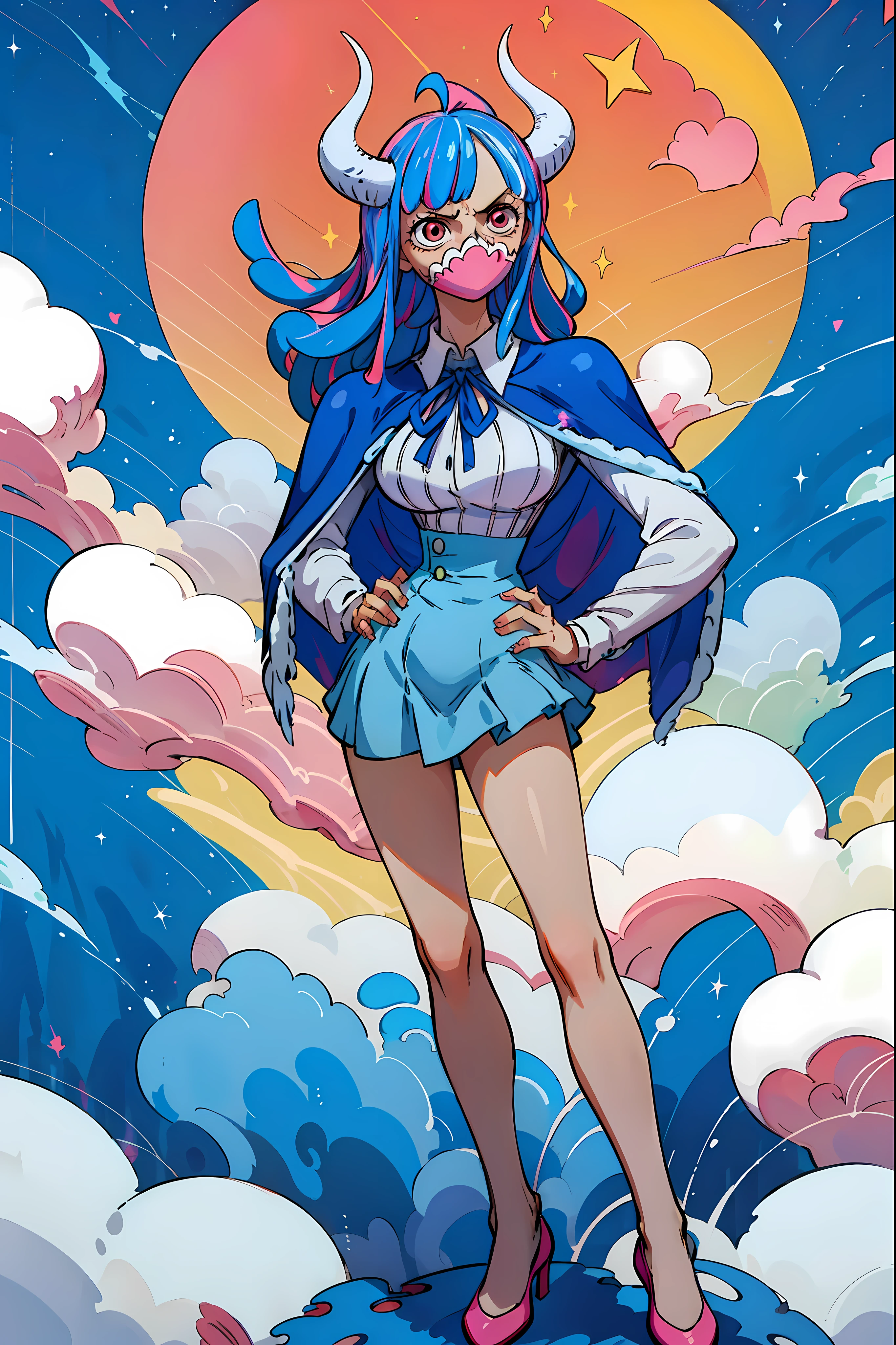 (solo), Ulti from one piece, blue hair, red eyes, pink mask, horns, Ulti takes to wearing a long-sleeved minidress that is white and pleated above the waist, with a blue bow below a point collar. The dress's lower, light-blue, and non-pleated section, with a button placket in the middle, ends in a short skirt part that has a slightly ruffled hem, leaving most of Ulti's legs visible. Fastened on her shoulders is a darker-blue cape trimmed with light-blue fur on its edges (the inside also blue), which goes near the ground, and her footwear are red high heels. (hands on hips:1.2), (night time), (feudal japanese castle), indoors, wood, (masterpiece, best quality, highly detailed)