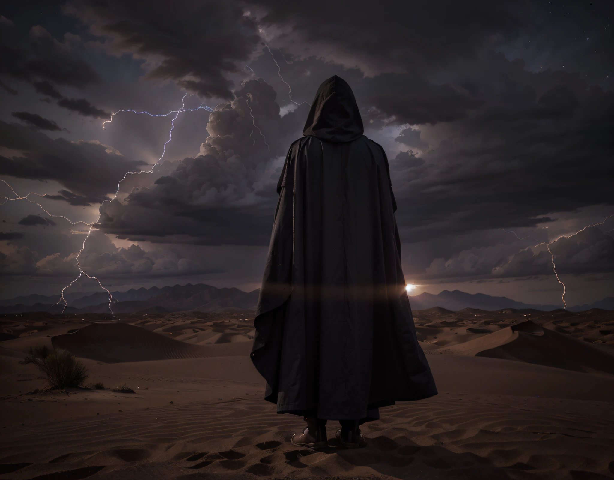 front view man in black robe, you cannot see his face, he is wearing long black boots, purple rays fall from the sky, cloudy night sky, he is in a gray sand desert, ultra realistic, Ultra detailed, Hyper realistic, 4k, Ultra detailed image, realistic, Highly detailed, perfect composition, beautiful intricately detailed incredibly detailed, 8K fine art photography, hyper detailed, Masterpiece