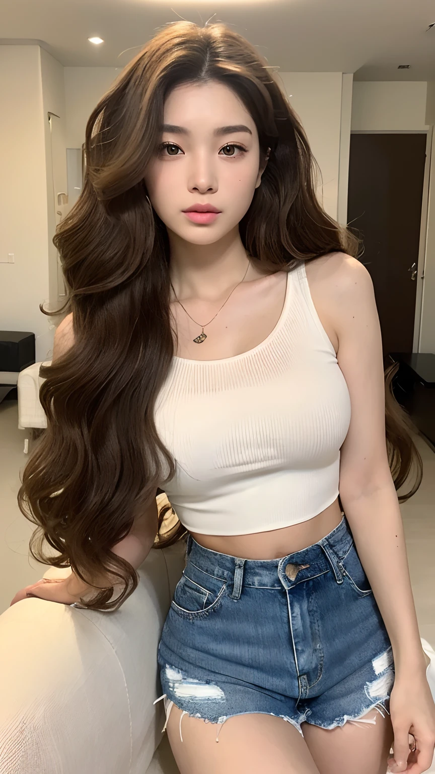 ((best qualtiy, 8K, tmasterpiece:1.3)), Focus:1.2, perfect figure beautiful woman:1.4, Cocked buttocks:1.2, ((Random Long Thick Diva Hairstyle) ((Brown Wavy Hair In Lose Big Curls))（Long white legs：1.3，(Crop Top With Jean Shorts:1.2) , (inside in room: 1.2), Highly detailed facial and skin texture, A detailed eye, 二重まぶた，Whiten skin，（Straight big breasts：1.3), looking at camera, Wear a necklace