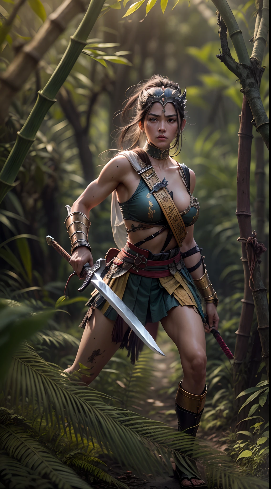 Original photo of a female gladiator, Stand in a fighting stance, In his hand is a sword drawn from its scabbard, preparing to fight, ,Wearing a tattered samurai top,Leaking muscle,(Wind in the bamboo forest), (The wind lifts the leaves), Wounds on the shoulders ( High skin detail: 1.2), 8K UHD, SLR camera, Soft lighting, High quality, filmgrain, Fujifilm XT3