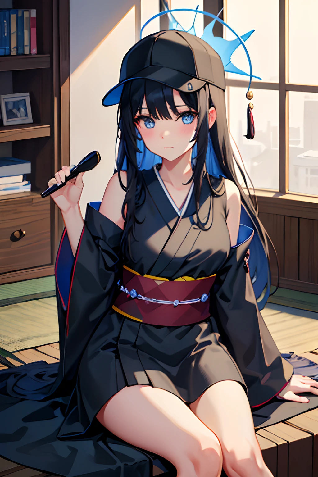 8k, highres, ultra detailed, (masterpiece:1.4),,, 1girl , baseball cap , black hair , black headwear , black kimono , blue eyes , blue halo , blush , closed mouth , floral print , hair brush , halo , hat , holding brush , holding hair , indoors , japanese clothes , kimono , long hair , obi , obijime , on chair , print kimono , sash , sitting , solo focus , speech bubble , straight hair , unworn headwear , wide sleeves, saori (blue archive)
Waiting to start