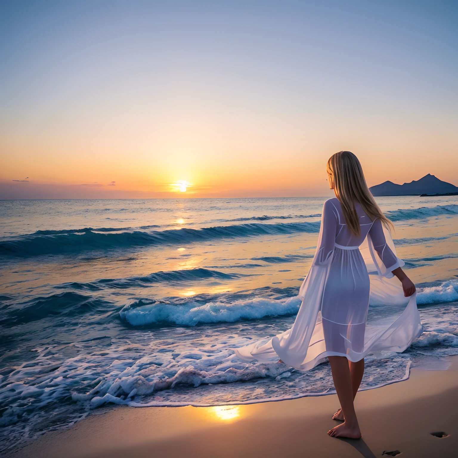 Beautiful beach at sunset、Goddess like a model、Beautiful blonde god々Angel、Perfect slim style、Perfect good looks、Sheer white clothes with a lot of exposure、Island in the distance