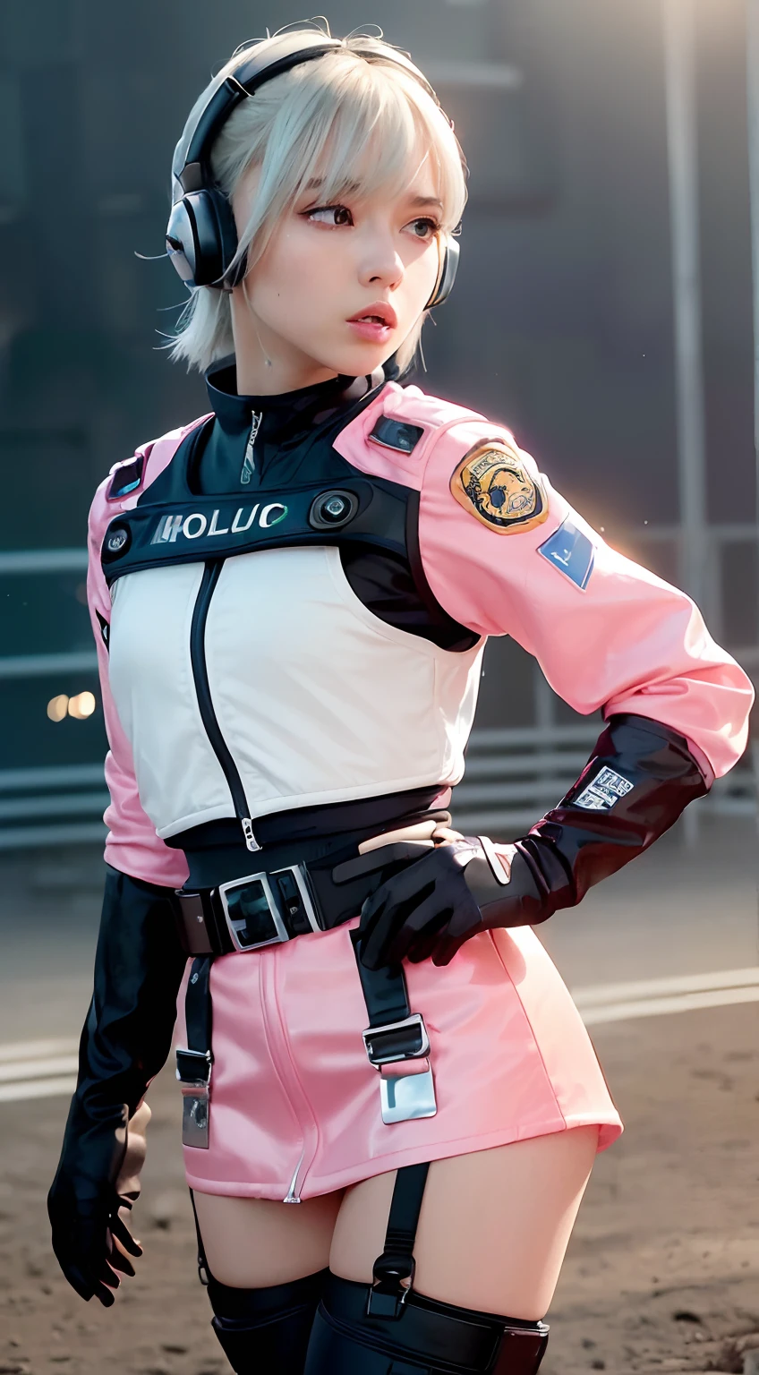 (Top Quality, Ultra High Definition, Photorealistic:1.4), (cowboy shot:1), 1 Beautiful Armed Girl, (Kpop Idol), Detailed Face, (Hair Style: Pink:1, fullbang, shortbob-style:1), Contrapposto, Perfect Anatomy, ((wearing Futuristic Police Racing Suits, low-mini-skirt, police wappen, High-tech Headset, military harness, racing gloves, )), (Cloths colors based on silver pink black white), (background, crashed cars, fire, (Explosion)),