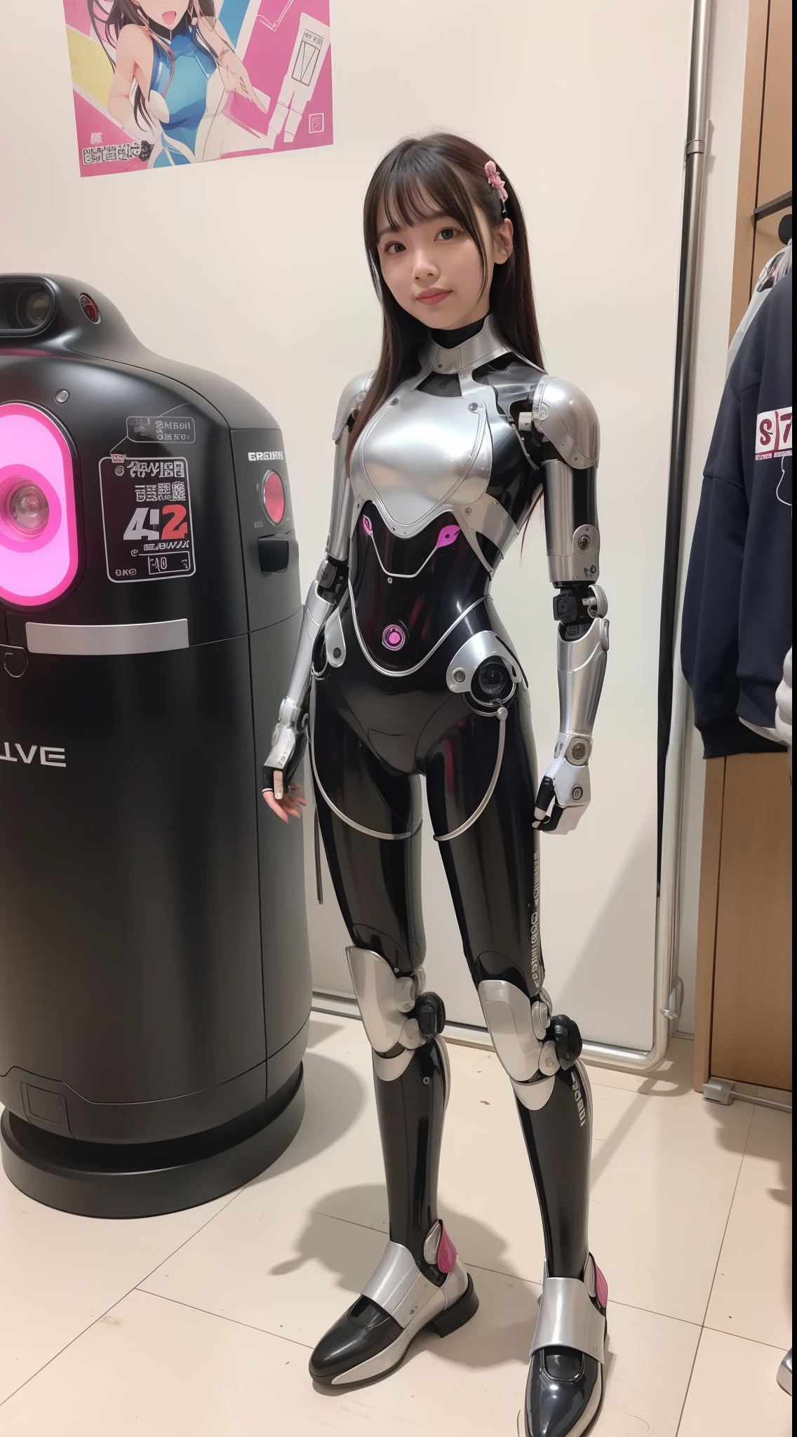 cyborgs, Pink, Silver, metalic, Robot Parts, Metal Parts, Super Detailed Face, Super Cropped Face, of the highest quality, a small face, Full body, Standing, Black hair, Thin, Camera gaze, Internal Mechanical Exposure, Idol, Live action,, 9 head body, gravure, Photo session, akihabara, Moe Pose, Frontal, Model body type, sad, Embarrassing,(Perfect Robot Girl),(Perfect machine body)