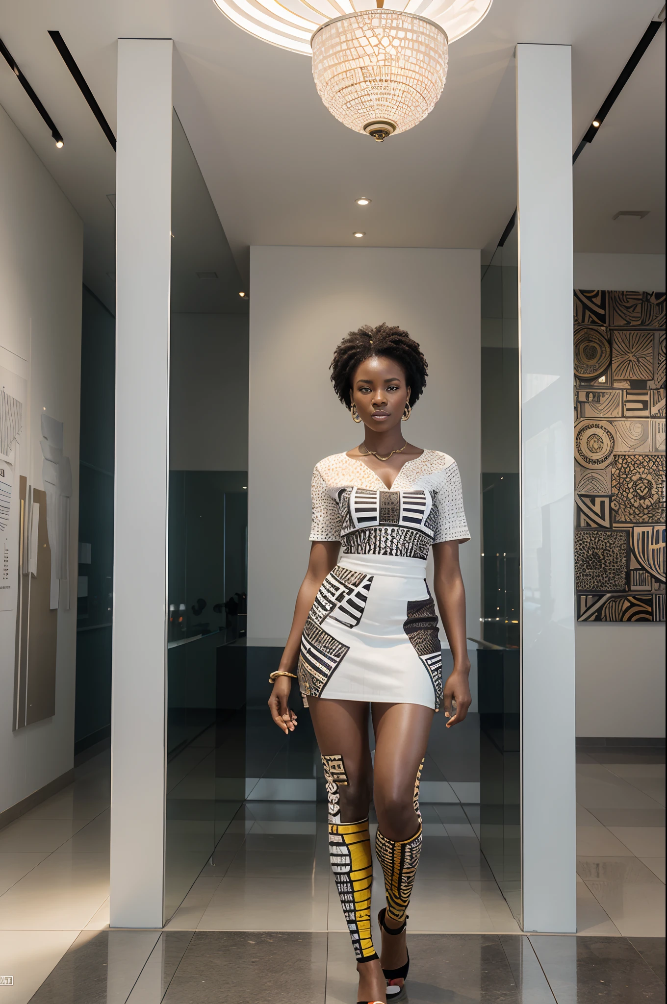 African woman dressed in African designed clothes, standing in museum full of QR code sculptures, white scene and white background with a mix of different colours, QR code wallpapers and tiles and art work all over the room, light shining with iridescent light, 32k, ultra HD, unreal engine rendered, cinematic lighting, artgerm style,