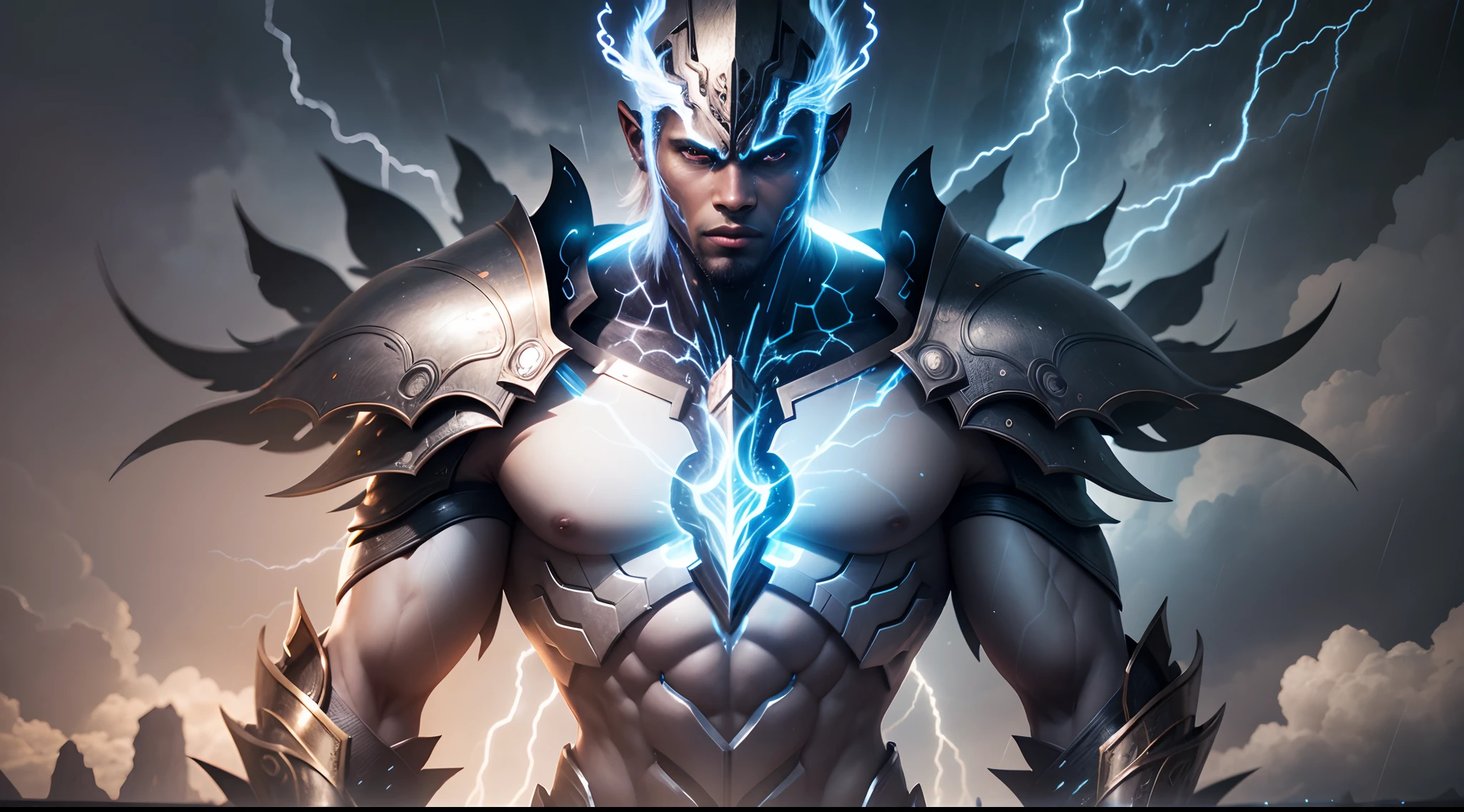 Giant African god of rain and lightning flying in the sky among dark clouds, lightning striking all over his body, eyes glowing white, moon shining, with iridescent light, cinematic lighting, artgerm style, 32k, ultra HD, unreal engine rendered, hyper-realistic image, octane 3d rendering --auto --s2