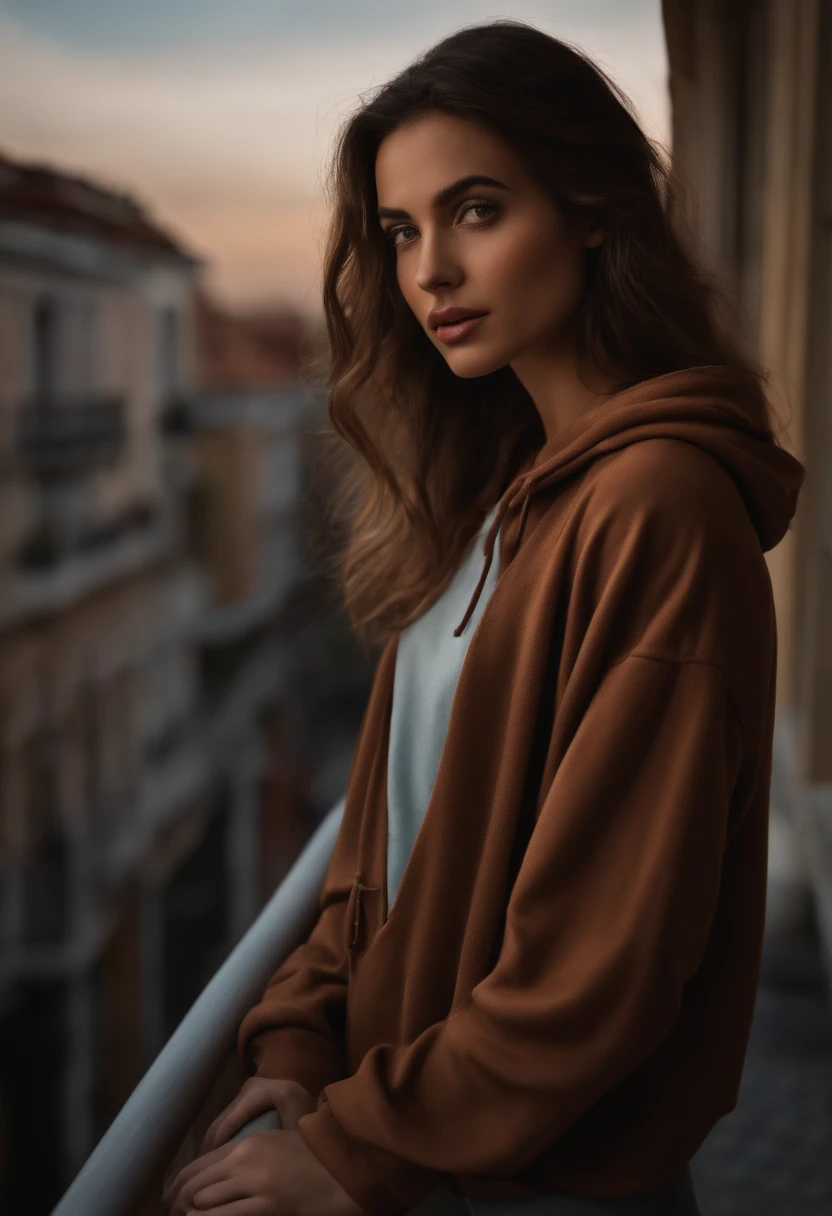 hi-res photo, realista, on balcony, Ciudad futurista en Volta Redonda, Noche, Lloviendo,  muchacha, frontal completo, Ana de armas como cara, Muestra de tetas,  Mostrando, Seductor, Brown and long hair, wearing a brown hoodie
