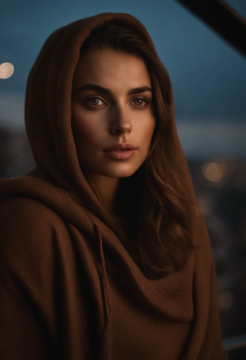hi-res photo, realista, on balcony, Ciudad futurista en Volta Redonda, Noche, Lloviendo,  muchacha, frontal completo, Ana de armas como cara, Muestra de tetas,  Mostrando, Seductor, Brown and long hair, wearing a brown hoodie