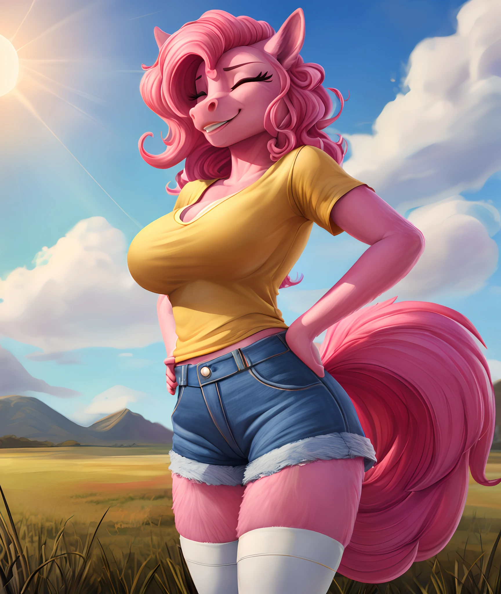 [pinky pie], [Uploaded to e621.net; (siden), (Pixelsketcher), (mayosplash), (wamudraws)], ((masterpiece)), ((HD)), ((high quality)), ((solo portrait)), ((full body)), ((furry; anthro)), ((detailed fur)), ((detailed shading)), ((beautiful render art)),  ((intricate details)), {anthro horse; (slim female figure), (pink fur), (both eyes closed), (long eyelashes), horse snout, (long puffy curly hot-pink hair), (curly hot-pink tail), (medium boobs), (gorgeous hips), (excited smile)}, {(yellow tee shirt), (cleavage), (denim short shorts), (white-stripes on light-blue thigh-highs), (light-blue sneakers)}, {(standing), (hands on hips), (looking at viewer)}, [background; (grass plains), (clouds), (blue sky), (sun rays)]